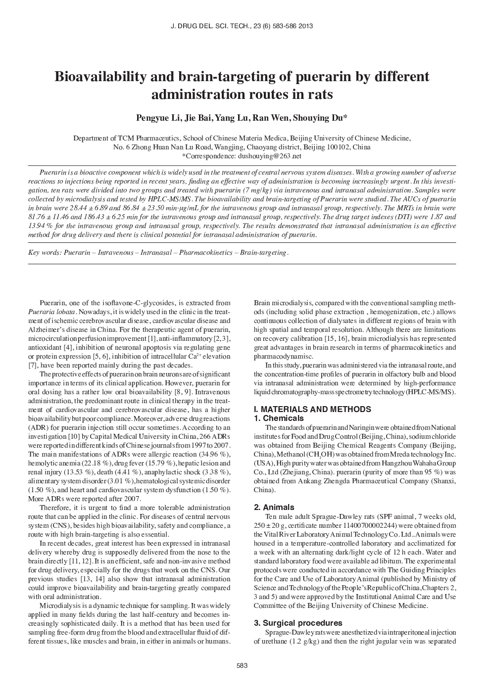 Bioavailability and Brain-Targeting of Puerarin by Different Administration Routes in Rats