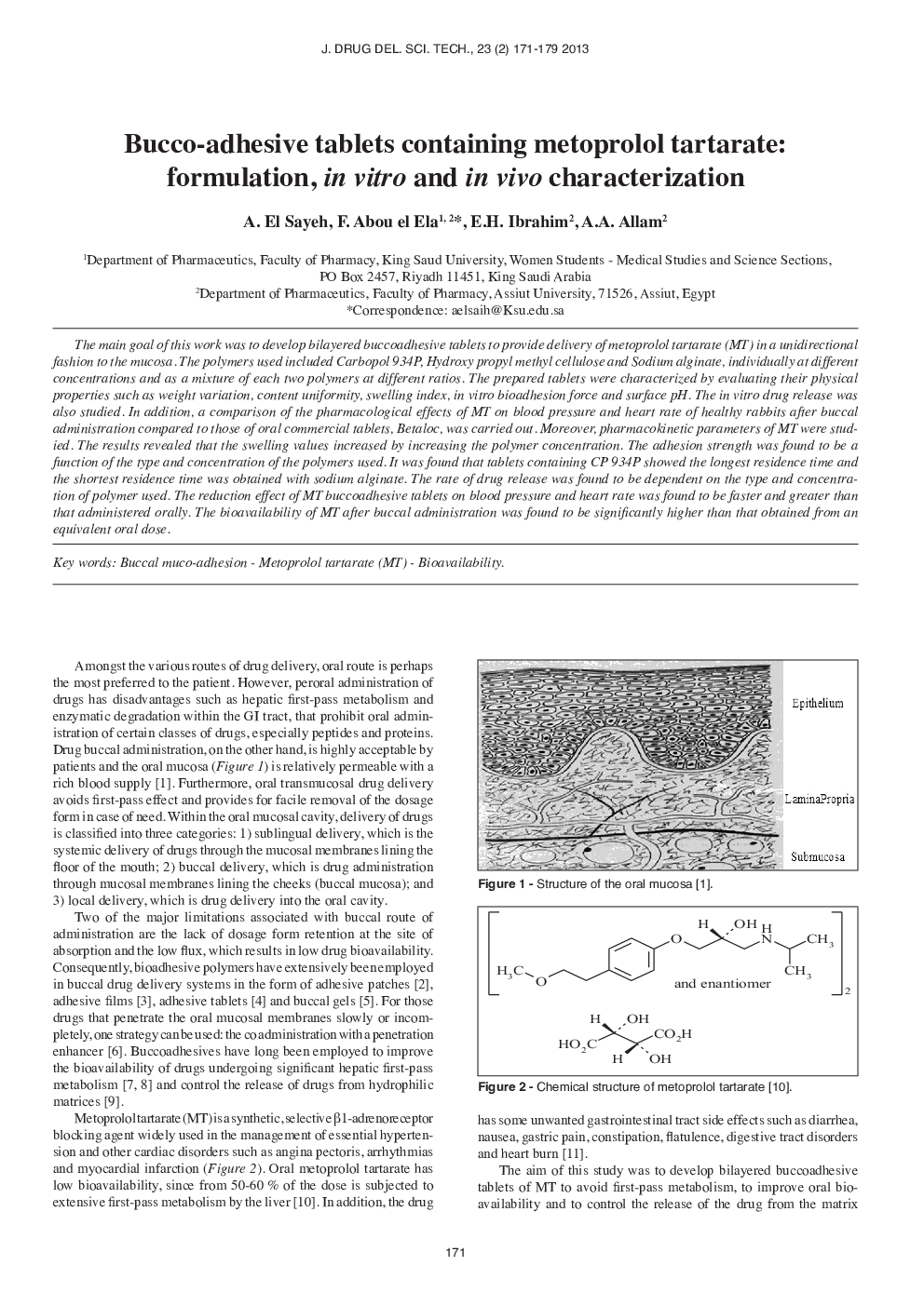 Bucco-adhesive tablets containing metoprolol tartarate: formulation, in vitro and in vivo characterization