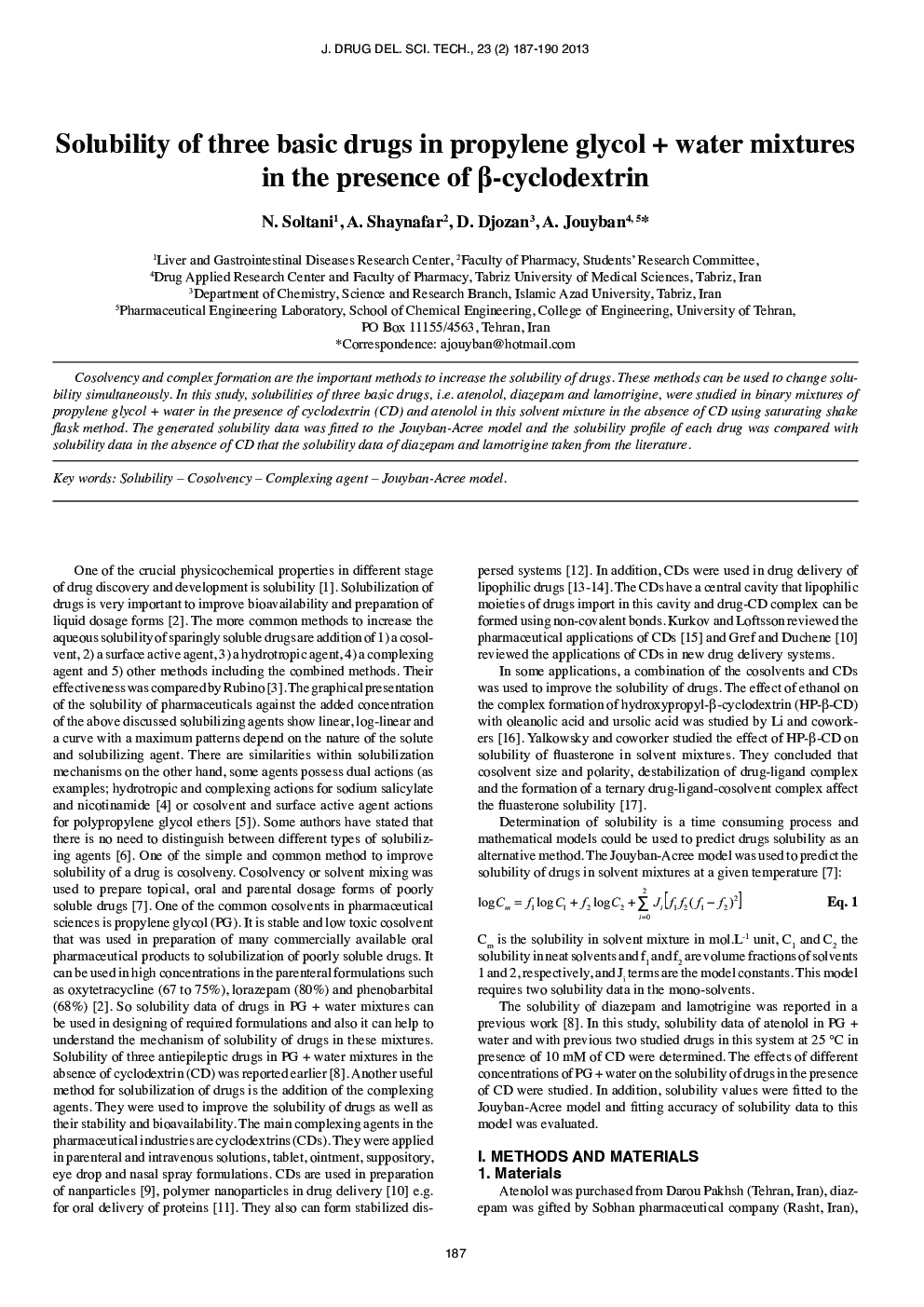 Solubility of three basic drugs in propylene glycol + water mixtures in the presence of β-cyclodextrin