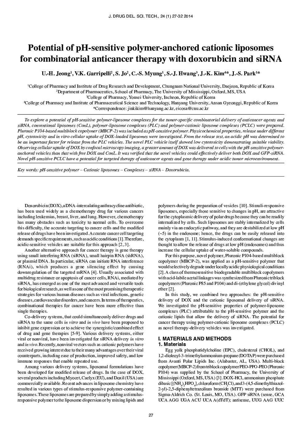 Potential of pH-Sensitive Polymer-Anchored Cationic Liposomes for Combinatorial Anticancer Therapy with Doxorubicin and siRNA