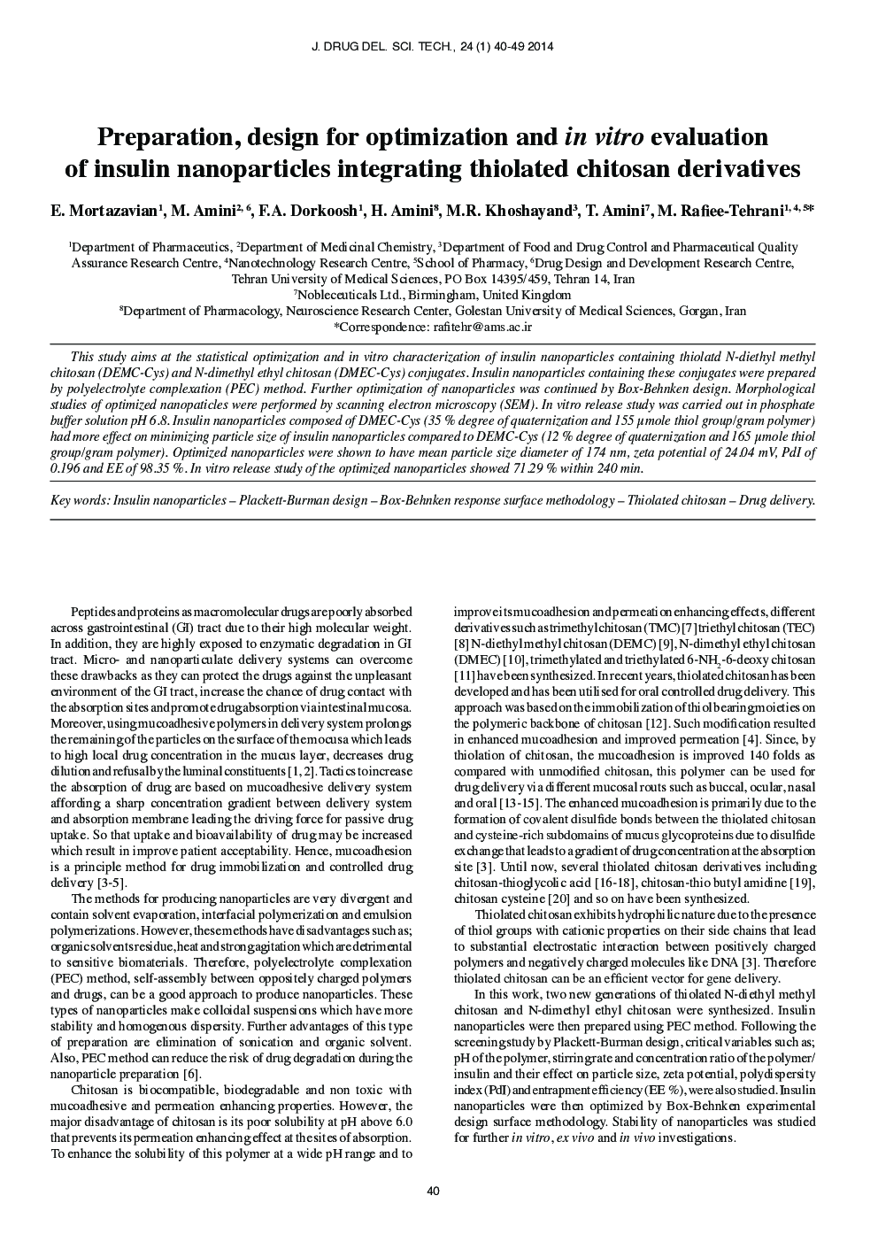 Preparation, Design for Optimization and in Vitro Evaluation of Insulin Nanoparticles Integrating Thiolated Chitosan Derivatives