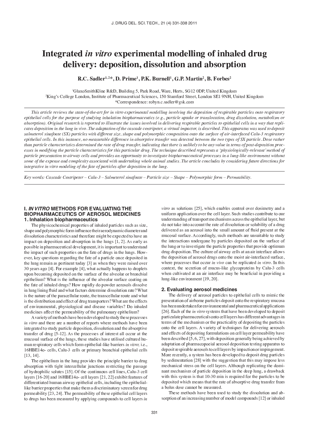 Integrated in vitro experimental modelling of inhaled drug delivery: deposition, dissolution and absorption