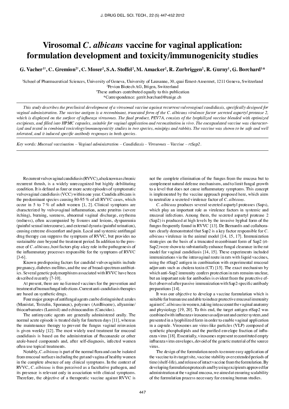 Virosomal C. albicans vaccine for vaginal application: formulation development and toxicity/immunogenicity studies