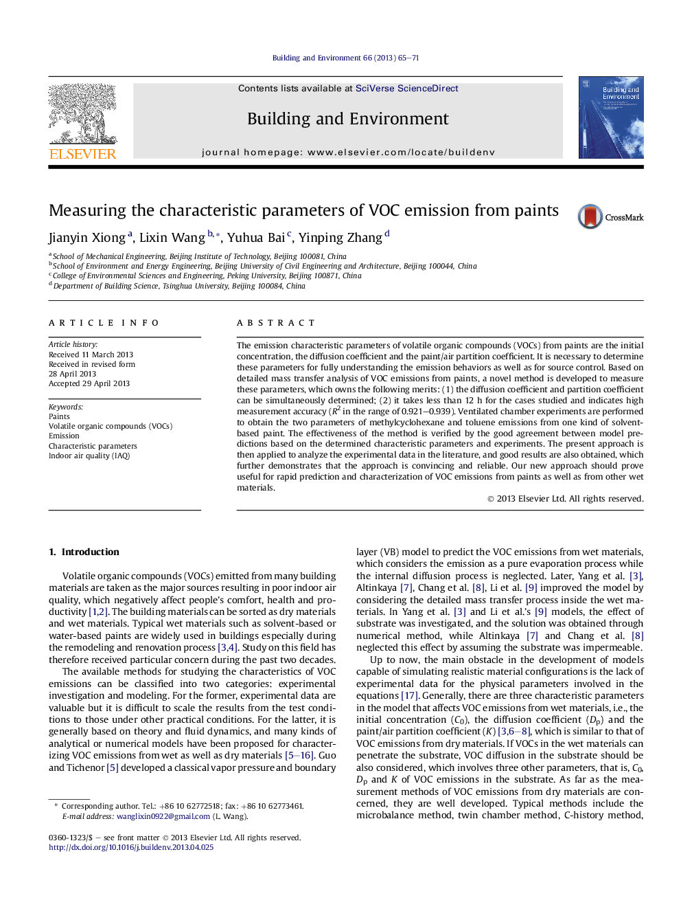 Measuring the characteristic parameters of VOC emission from paints