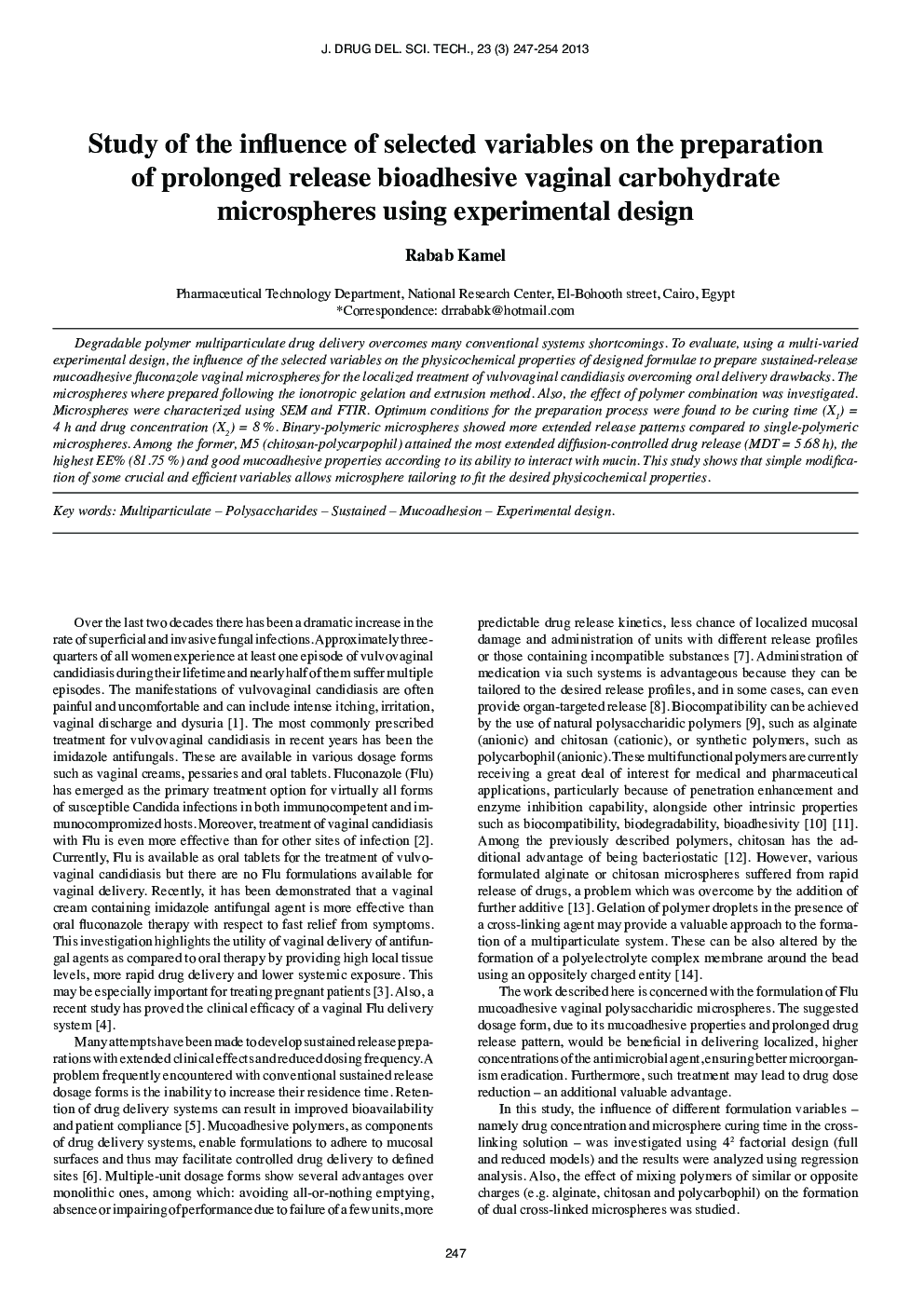 Study of the influence of selected variables on the preparation of prolonged release bioadhesive vaginal carbohydrate microspheres using experimental design