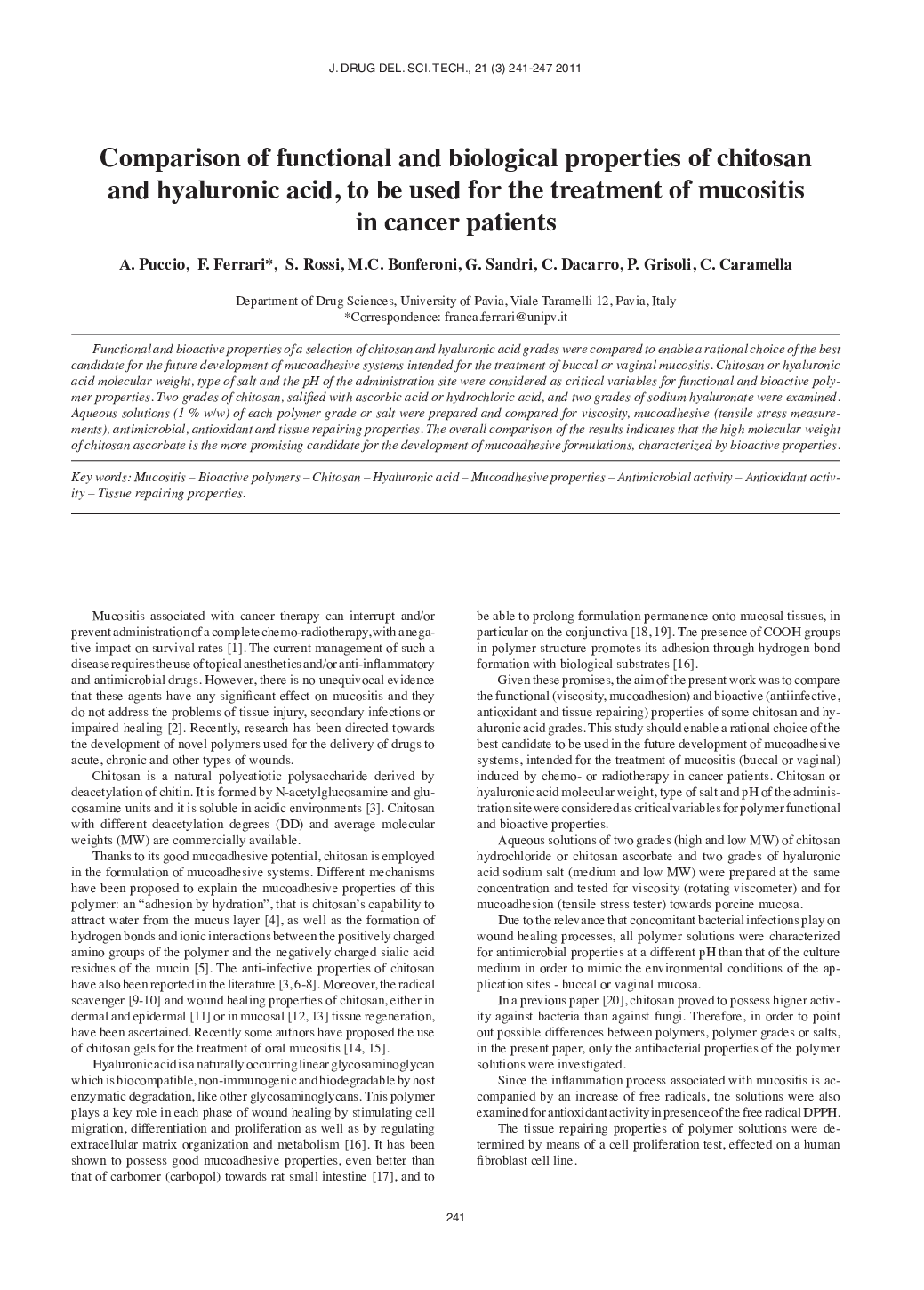 Comparison of functional and biological properties of chitosan and hyaluronic acid, to be used for the treatment of mucositis in cancer patients