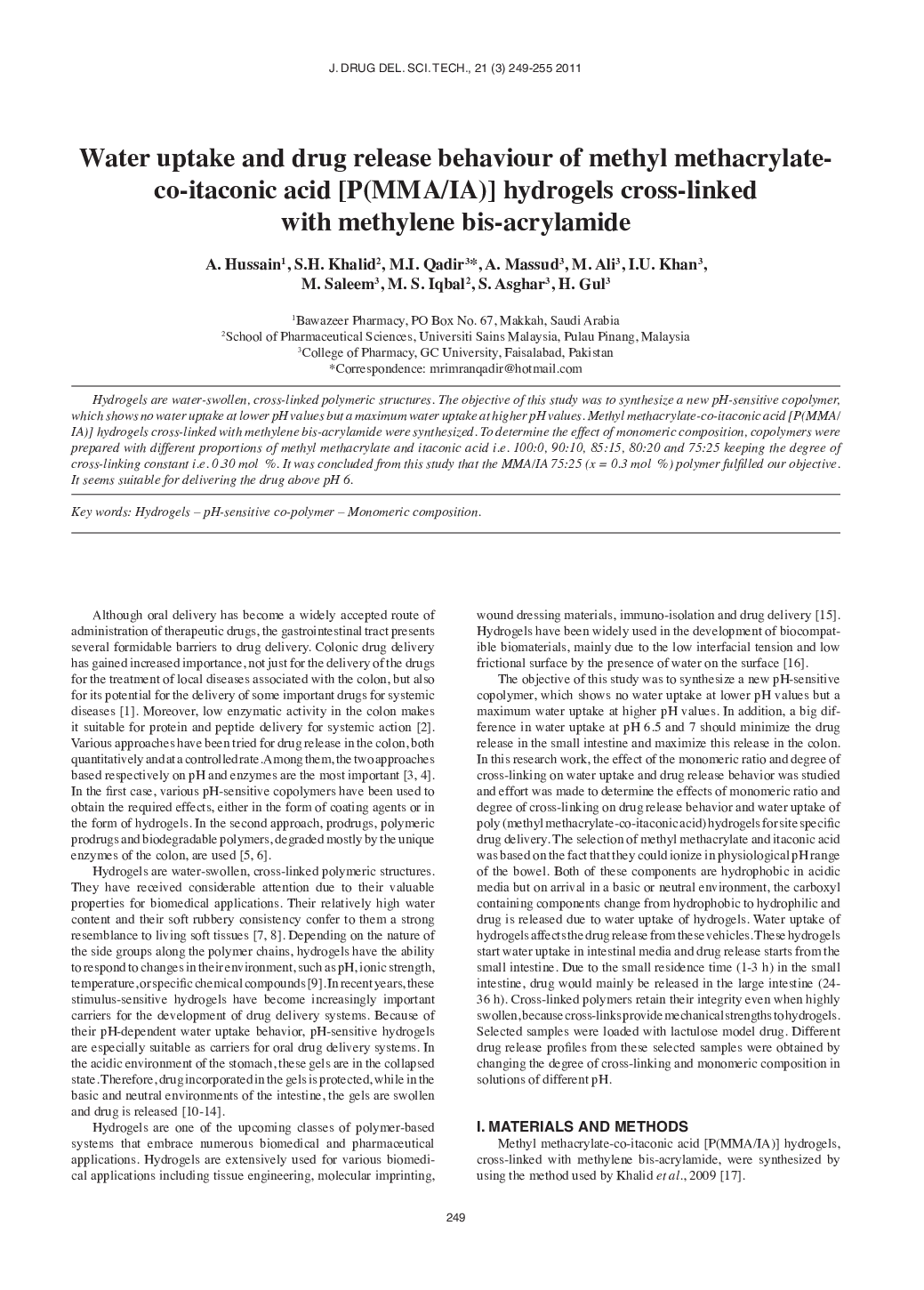 Water uptake and drug release behaviour of methyl methacrylateco-itaconic acid [P(MMA/IA)] hydrogels cross-linked with methylene bis-acrylamide