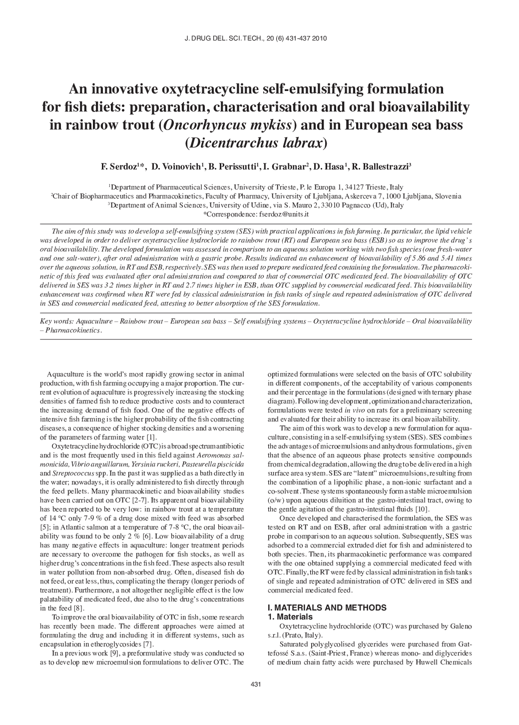 An innovative Oxytetracycline self-emulsifying formulation for fish diets: preparation, characterisation and oral bioavailability in rainbow trout (Oncorhyncus mykiss) and in European sea bass (Dicentrarchus labrax)