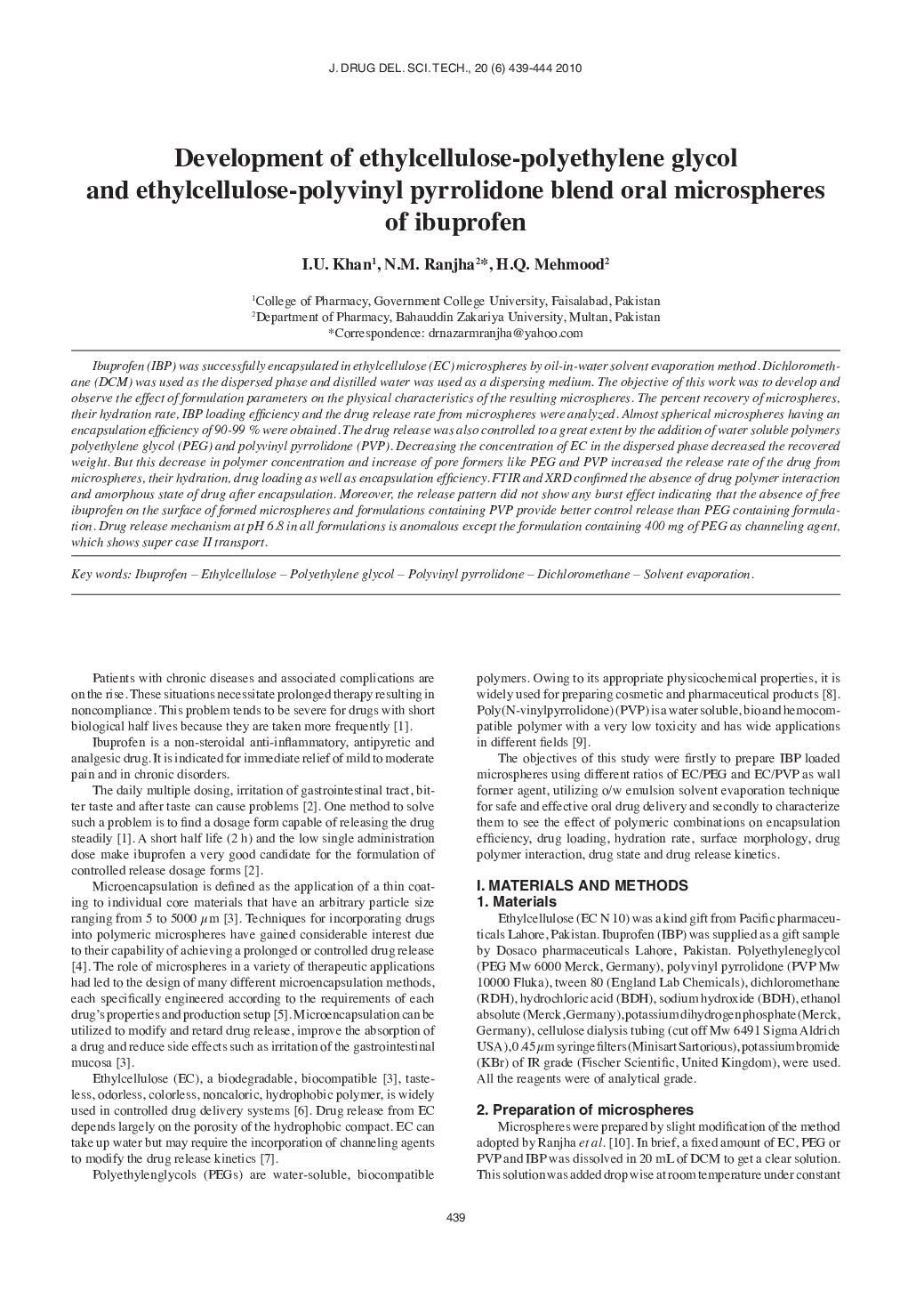 Development of ethylcellulose-polyethylene glycol and ethylcellulose-polyvinyl pyrrolidone blend oral microspheres of ibuprofen