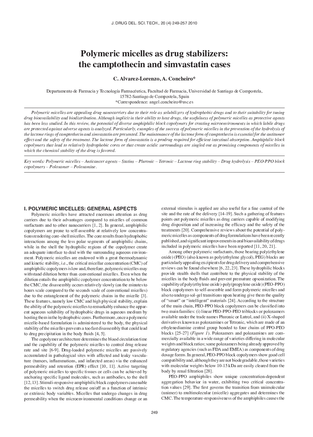 Polymeric micelles as drug stabilizers: the camptothecin and simvastatin cases