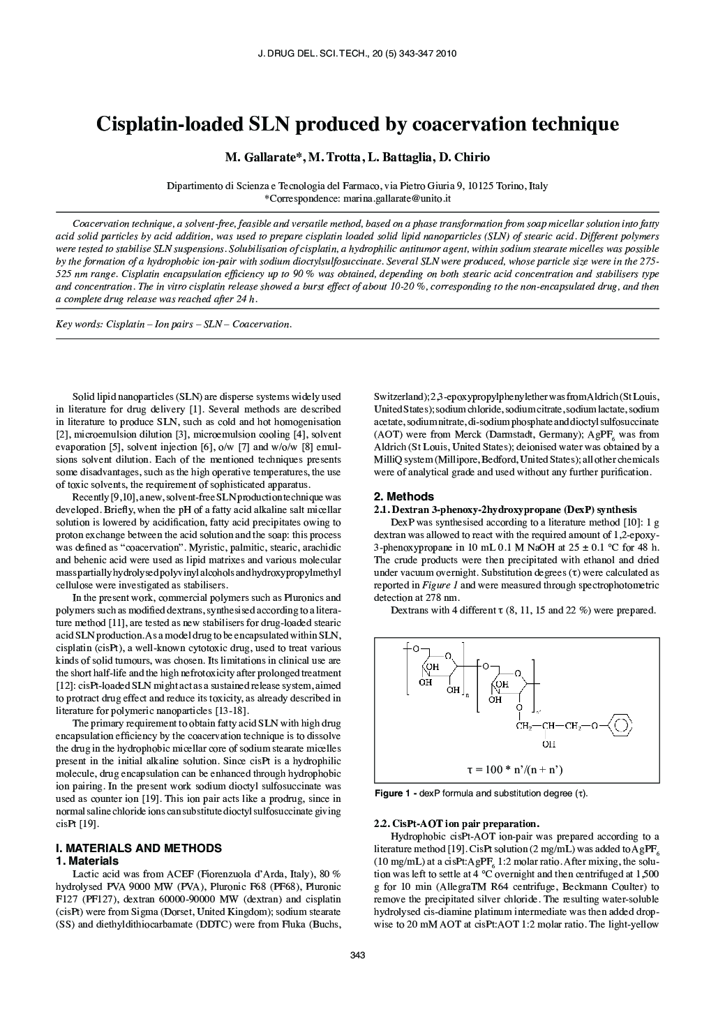 Cisplatin-loaded SLN produced by coacervation technique