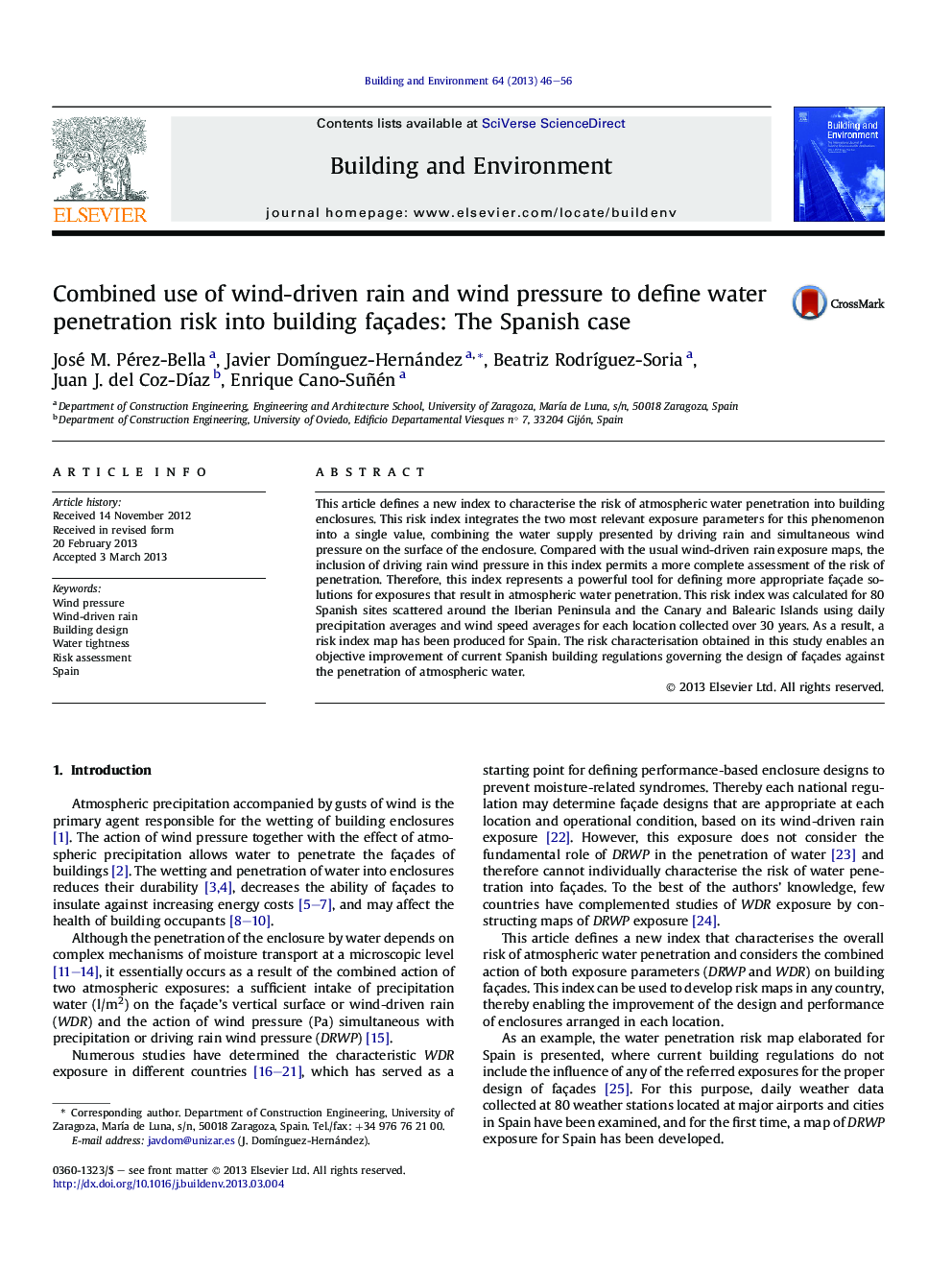 Combined use of wind-driven rain and wind pressure to define water penetration risk into building façades: The Spanish case