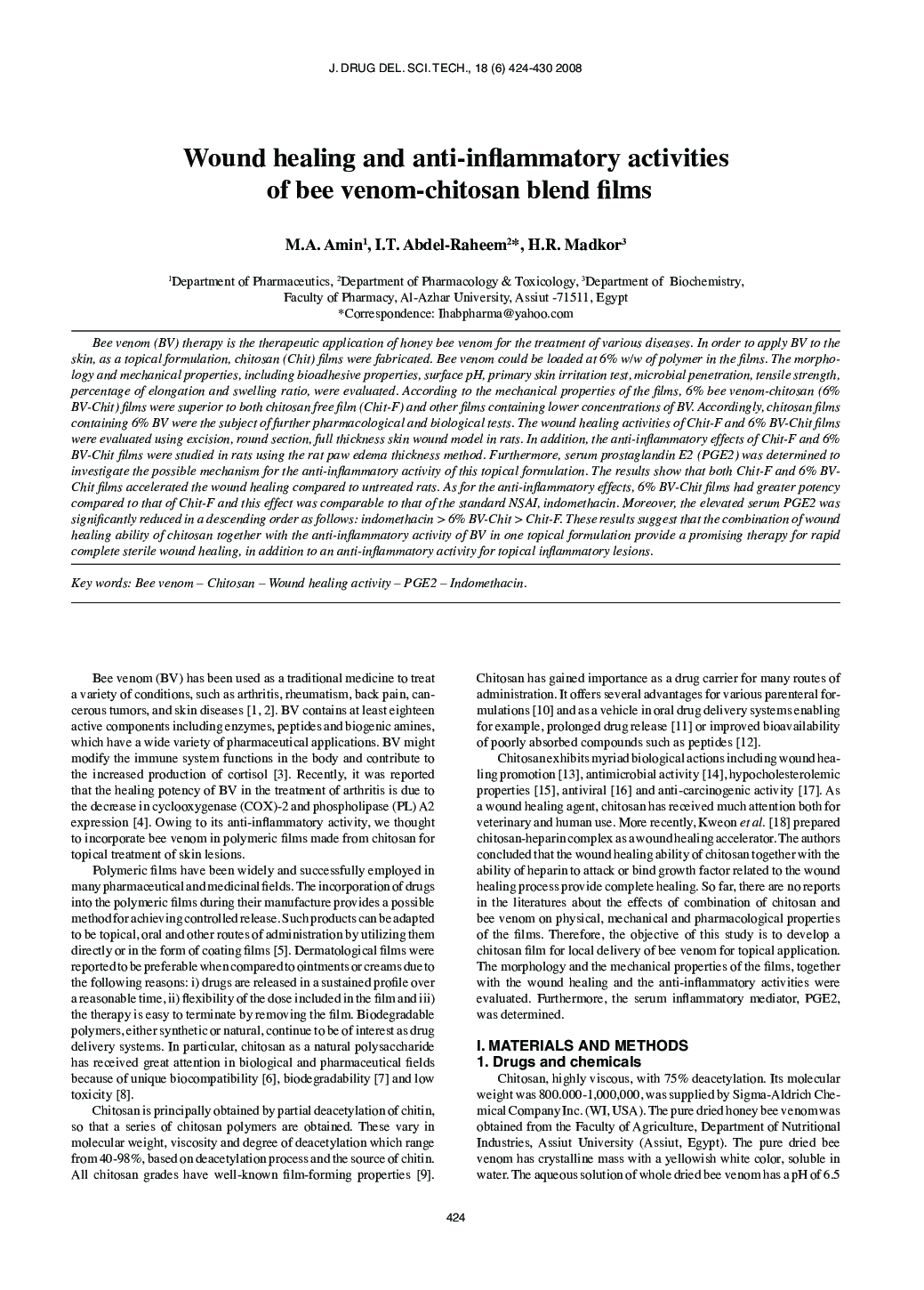 Wound healing and anti-inflammatory activities of bee venom-chitosan blend films