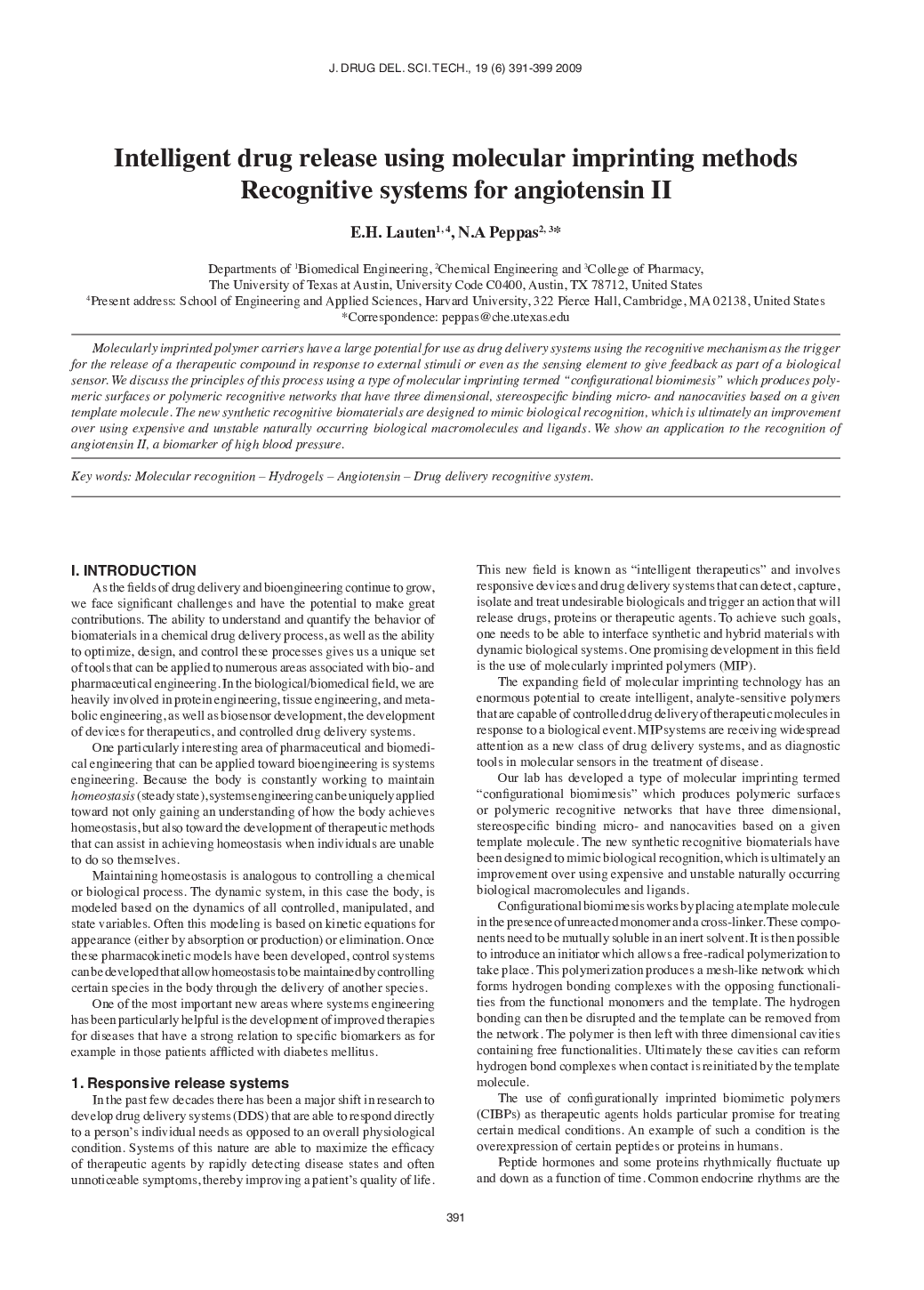 Intelligent drug release using molecular imprinting methods Recognitive systems for angiotensin II