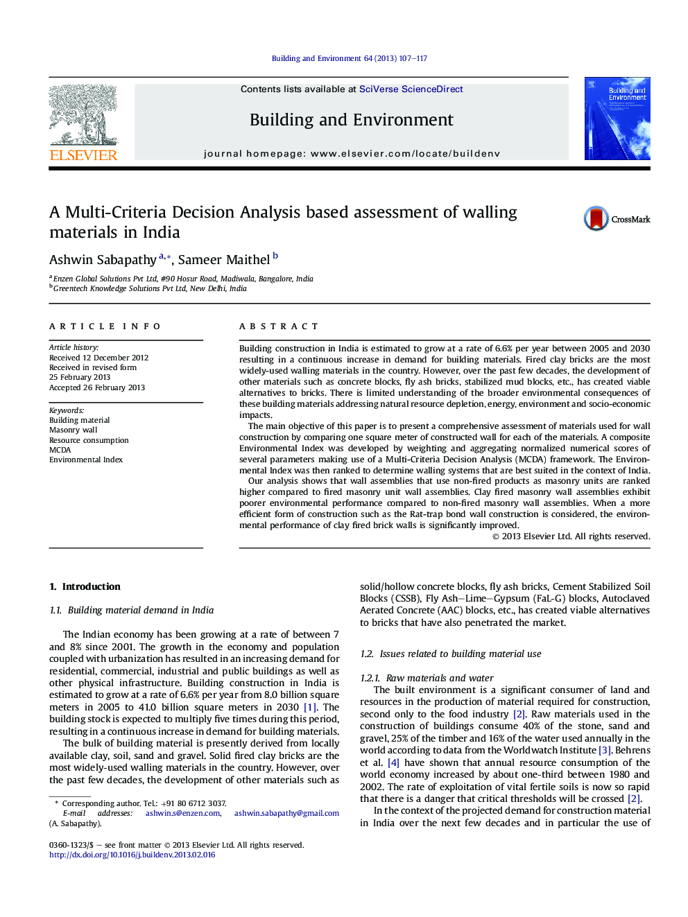 A Multi-Criteria Decision Analysis based assessment of walling materials in India