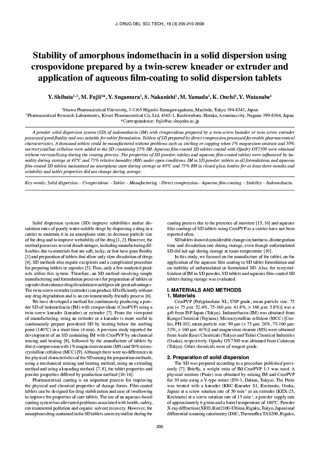 Stability of amorphous indomethacin in a solid dispersion using crospovidone prepared by a twin-screw kneader or extruder and application of aqueous film-coating to solid dispersion tablets