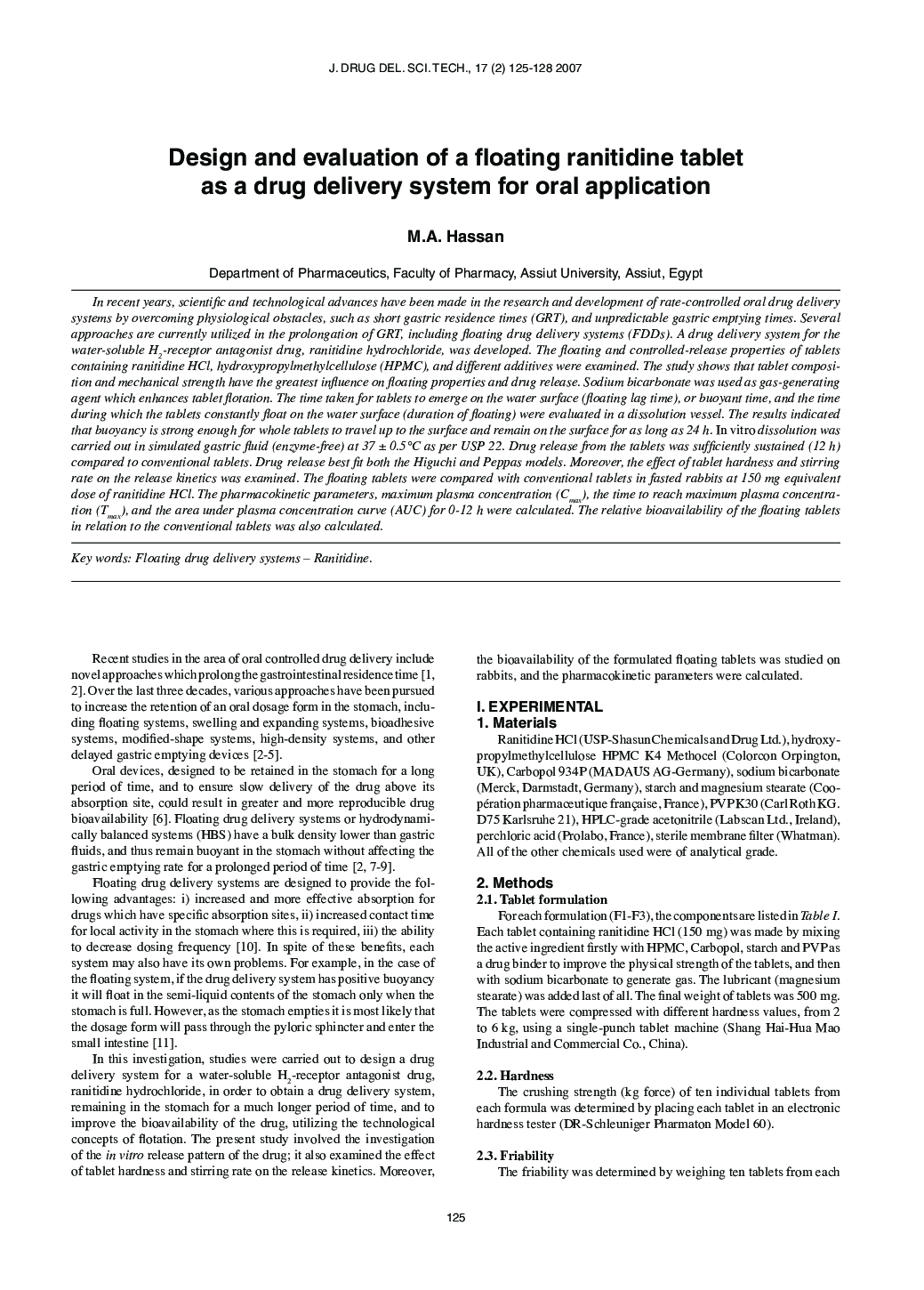 Design and evaluation of a floating ranitidine tablet as a drug delivery system for oral application