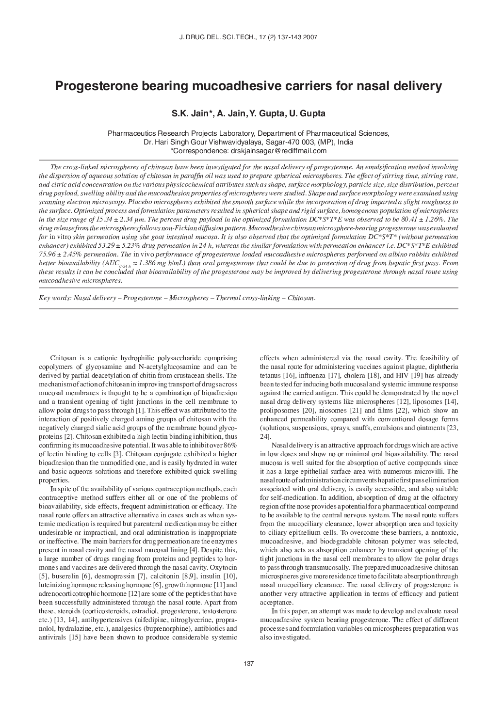 Progesterone bearing mucoadhesive carriers for nasal delivery