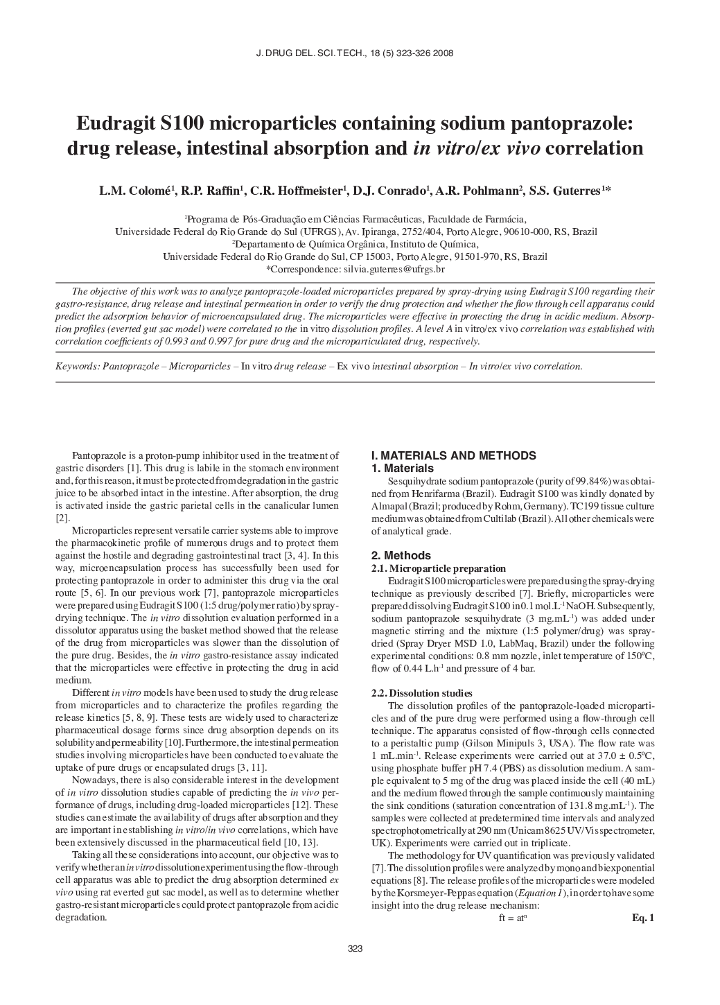 Eudragit S100 microparticles containing sodium pantoprazole: drug release, intestinal absorption and in vitro/ex vivo correlation