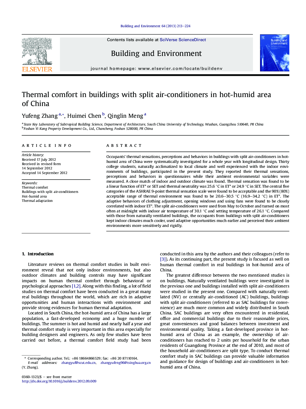 Thermal comfort in buildings with split air-conditioners in hot-humid area of China