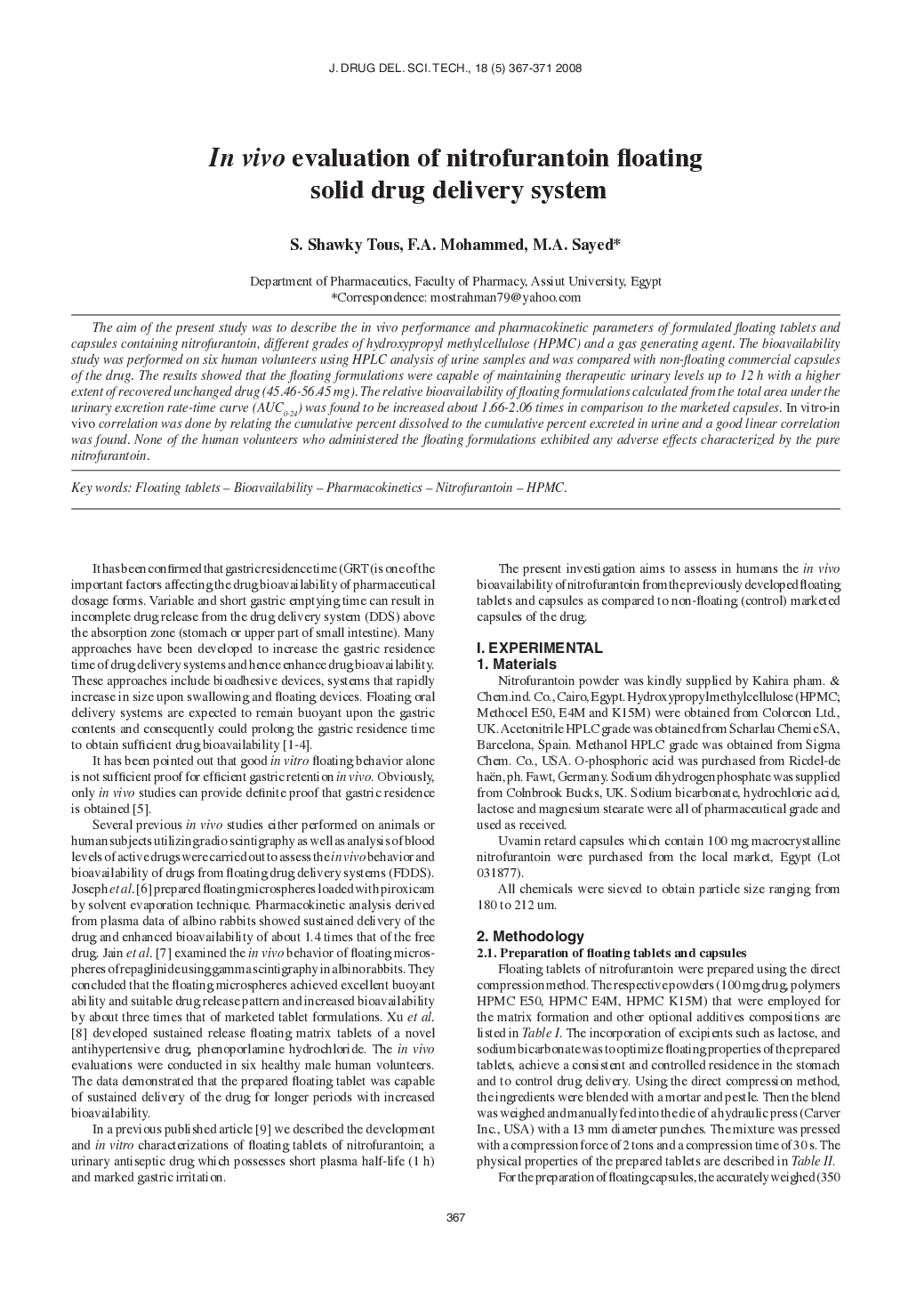 In vivo evaluation of nitrofurantoin floating solid drug delivery system