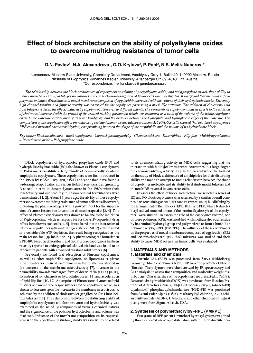 Effect of block architecture on the ability of polyalkylene oxides to overcome multidrug resistance of tumor cells