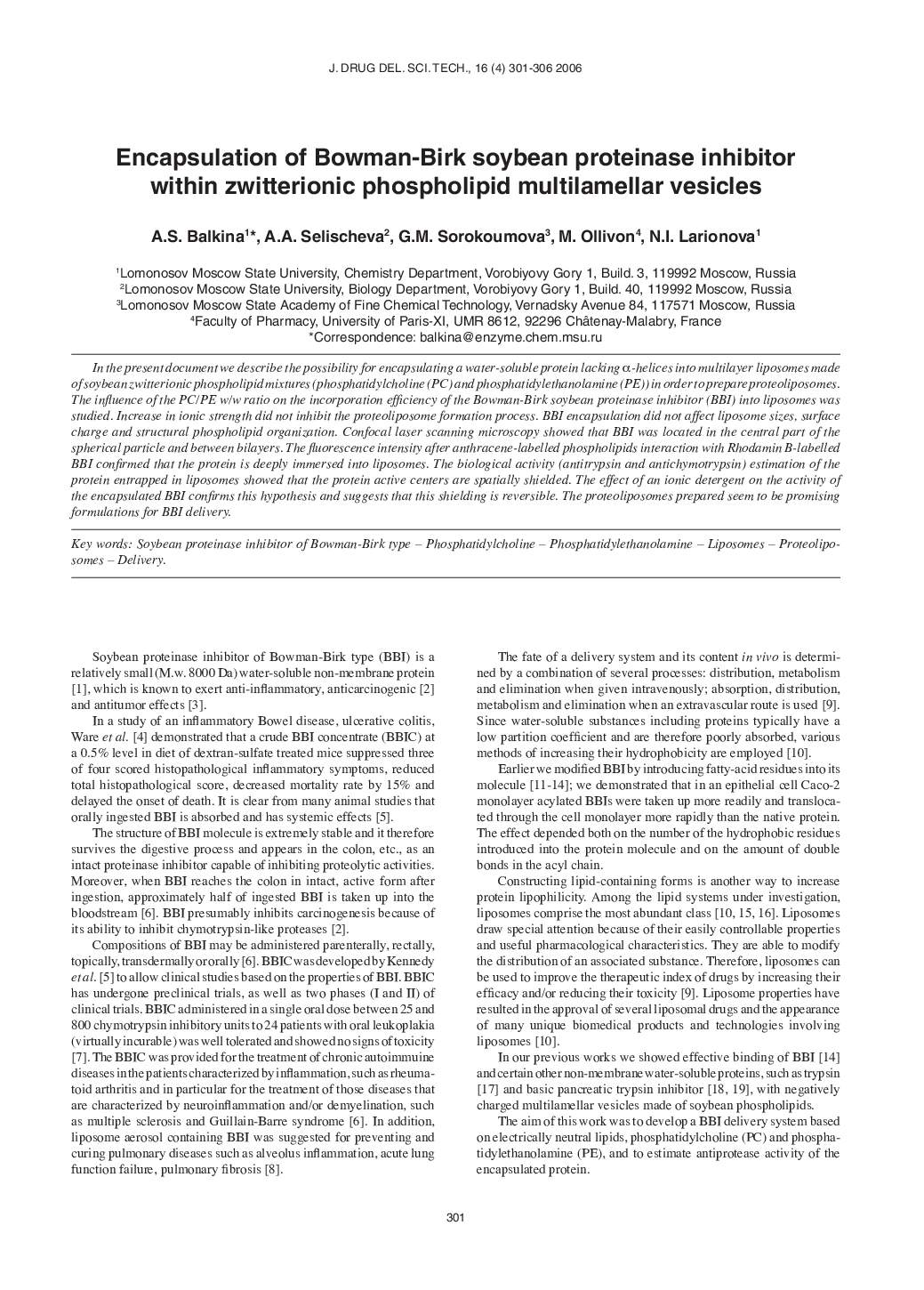 Encapsulation of Bowman-Birk soybean proteinase inhibitor within zwitterionic phospholipid multilamellar vesicles