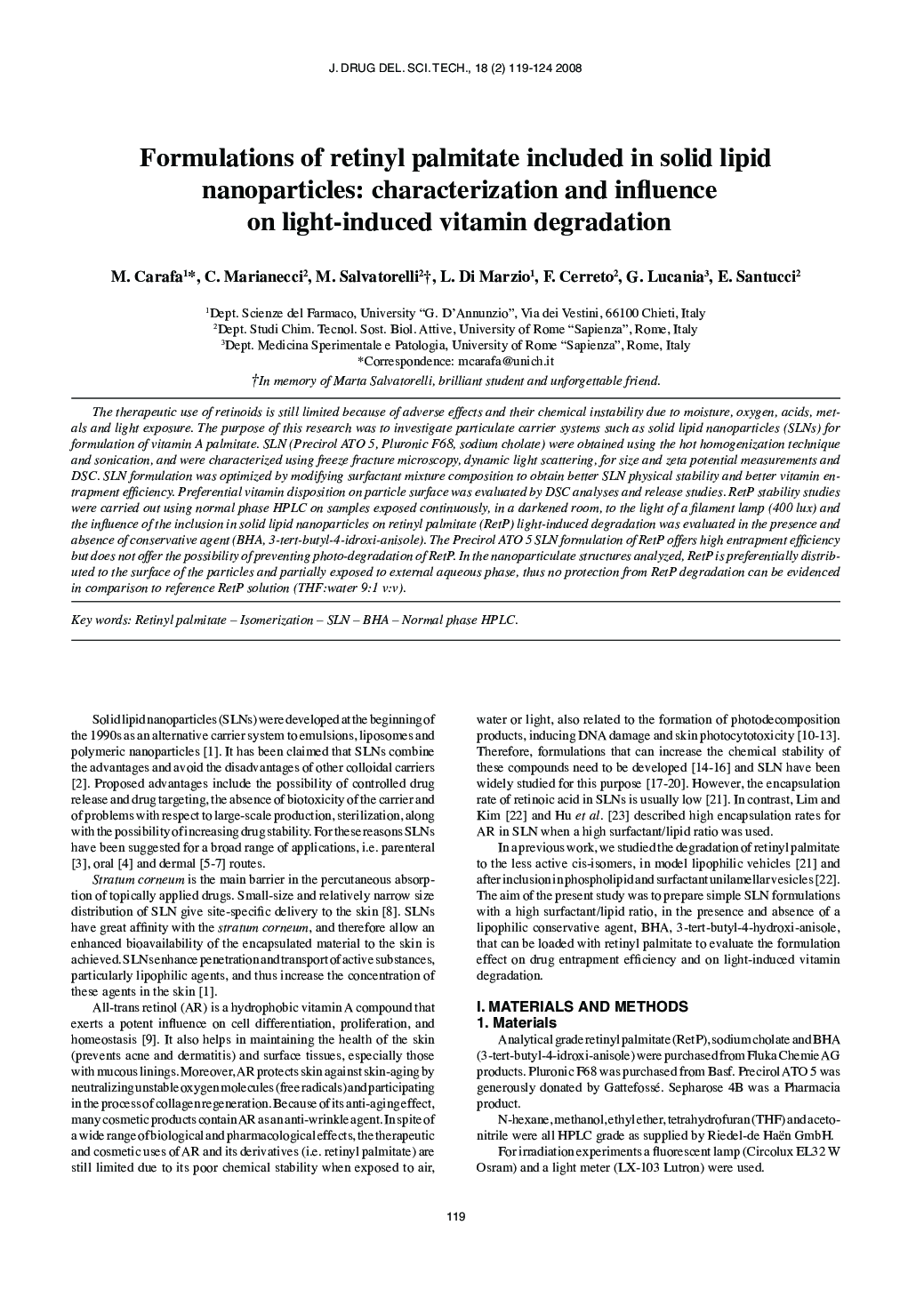 Formulations of retinyl palmitate included in solid lipid nanoparticles: characterization and influence on light-induced vitamin degradation