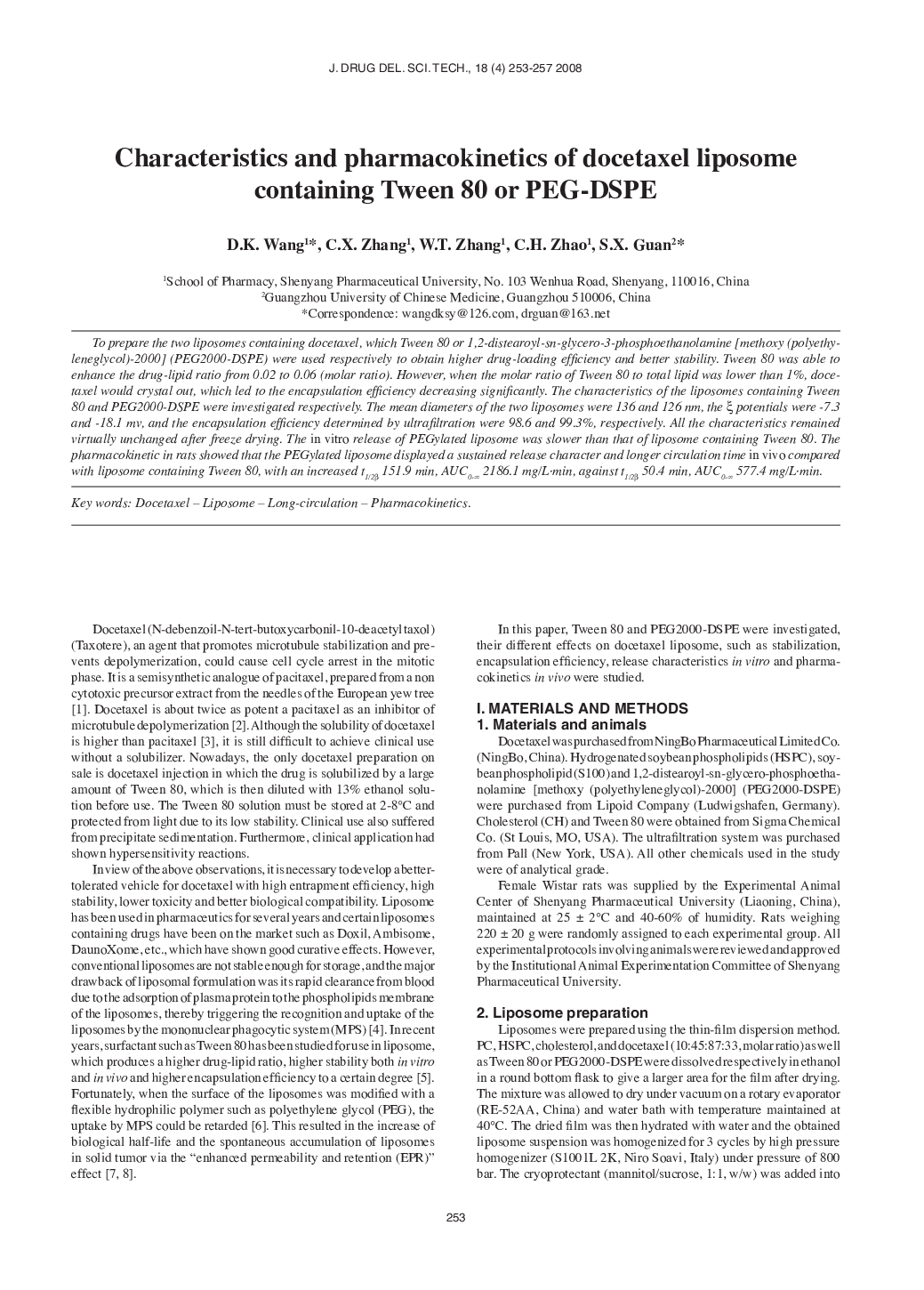 Characteristics and pharmacokinetics of docetaxel liposome containing Tween 80 or PEG-DSPE