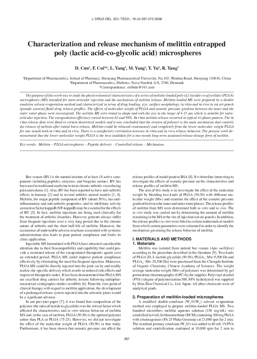 Characterization and release mechanism of melittin entrapped poly (lactic acid-co-glycolic acid) microspheres