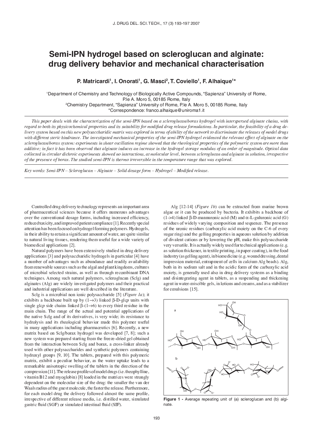 Semi-IPN hydrogel based on scleroglucan and alginate: drug delivery behavior and mechanical characterisation