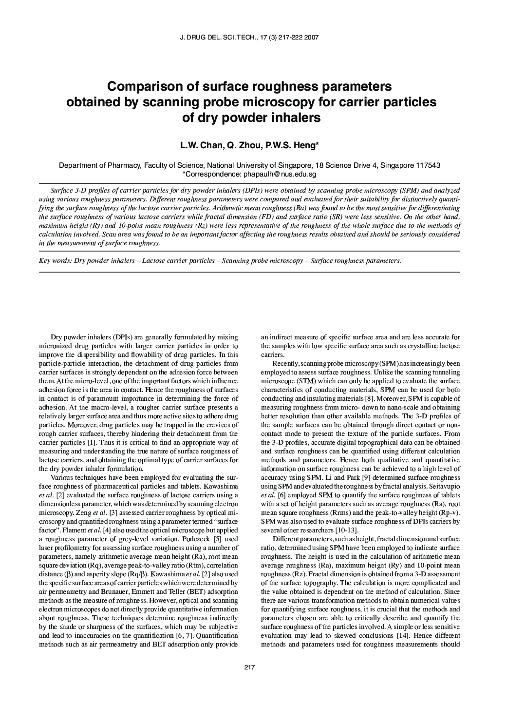 Comparison of surface roughness parameters obtained by scanning probe microscopy for carrier particles of dry powder inhalers