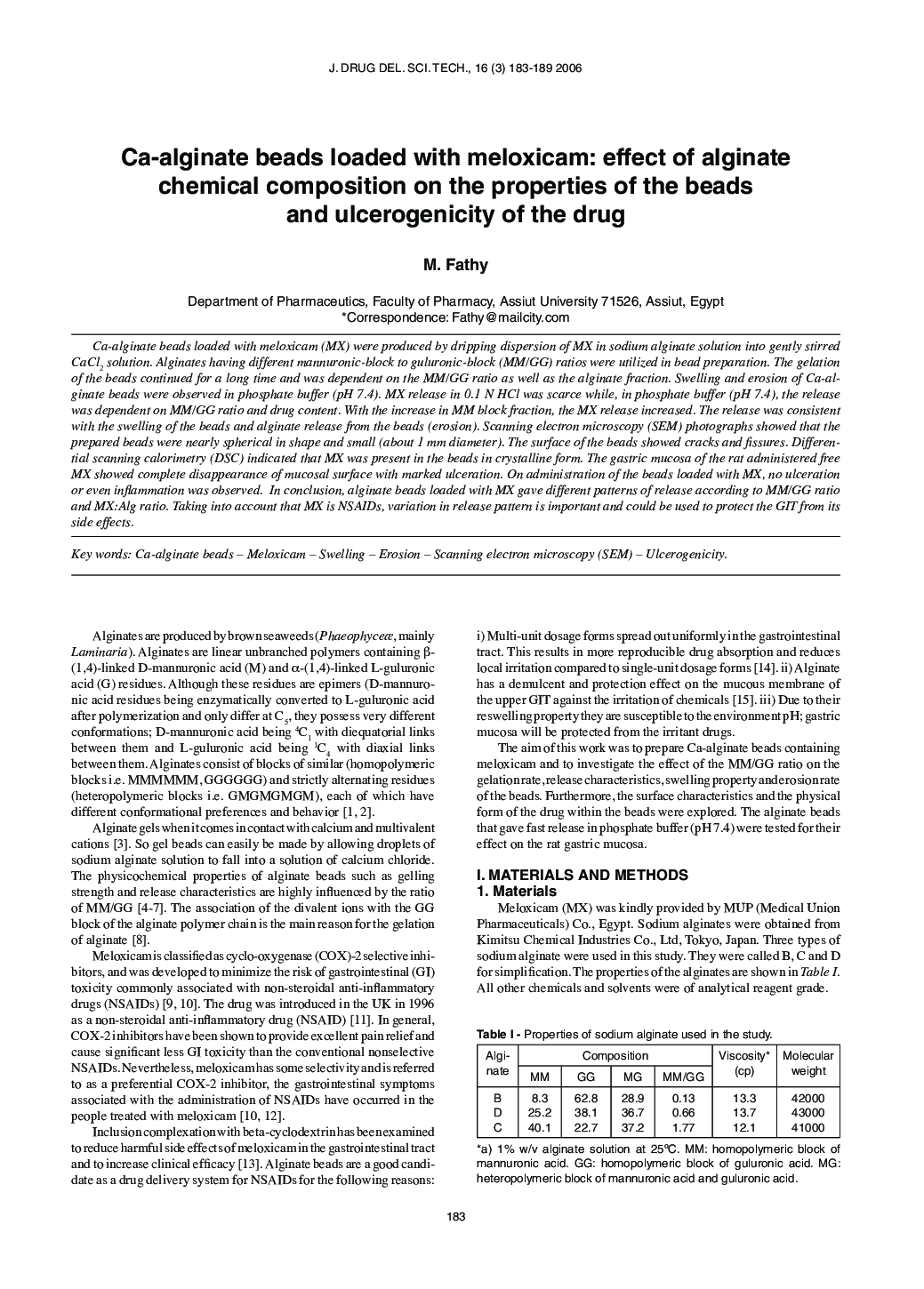 Ca-alginate beads loaded with meloxicam: effect of alginate chemical composition on the properties of the beads and ulcerogenicity of the drug