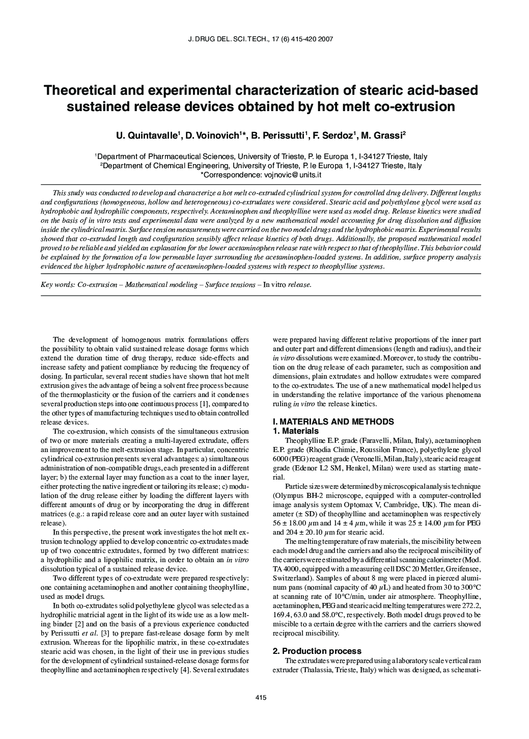 Theoretical and experimental characterization of stearic acid-based sustained release devices obtained by hot melt co-extrusion