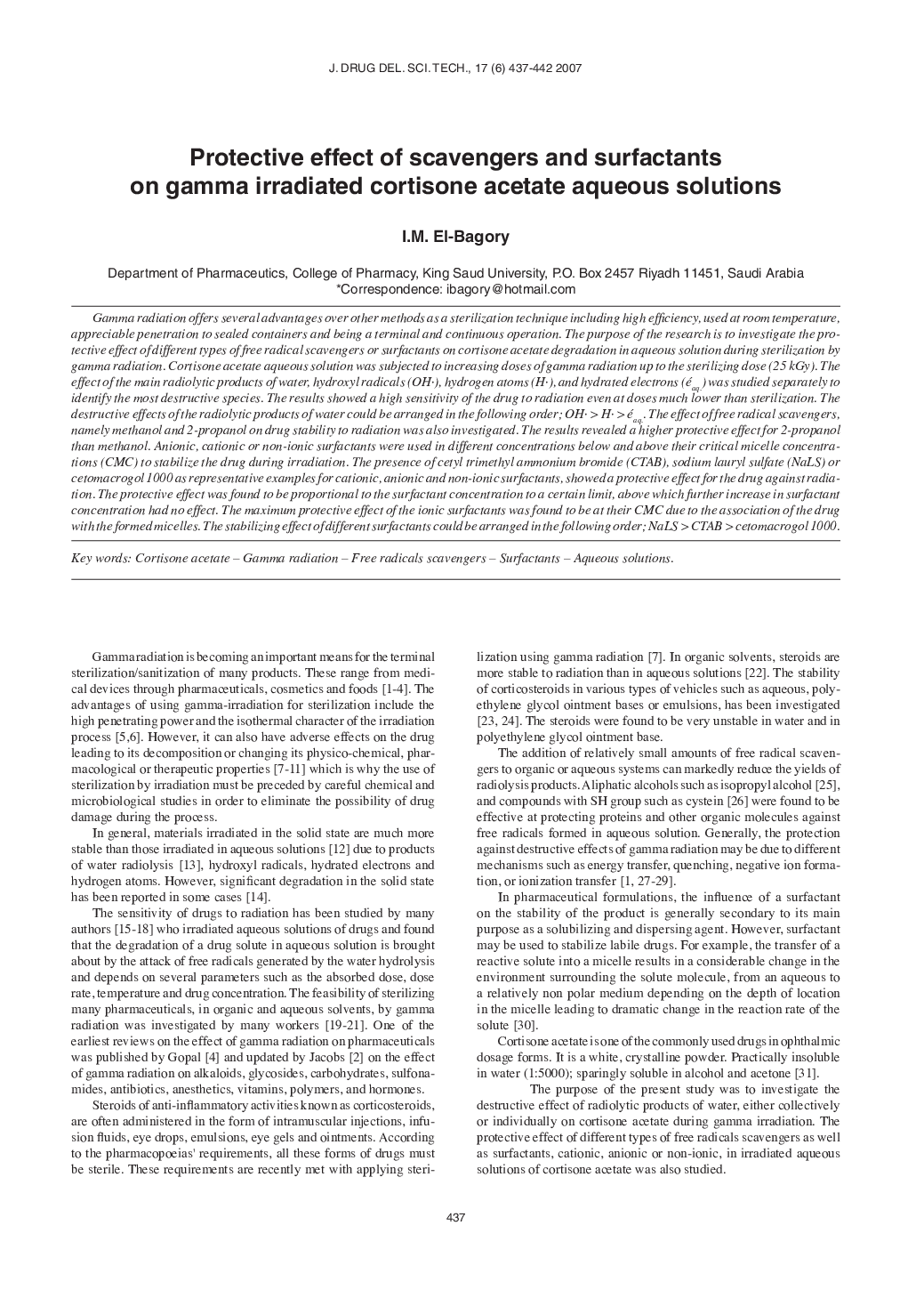 Protective effect of scavengers and surfactants on gamma irradiated cortisone acetate aqueous solutions