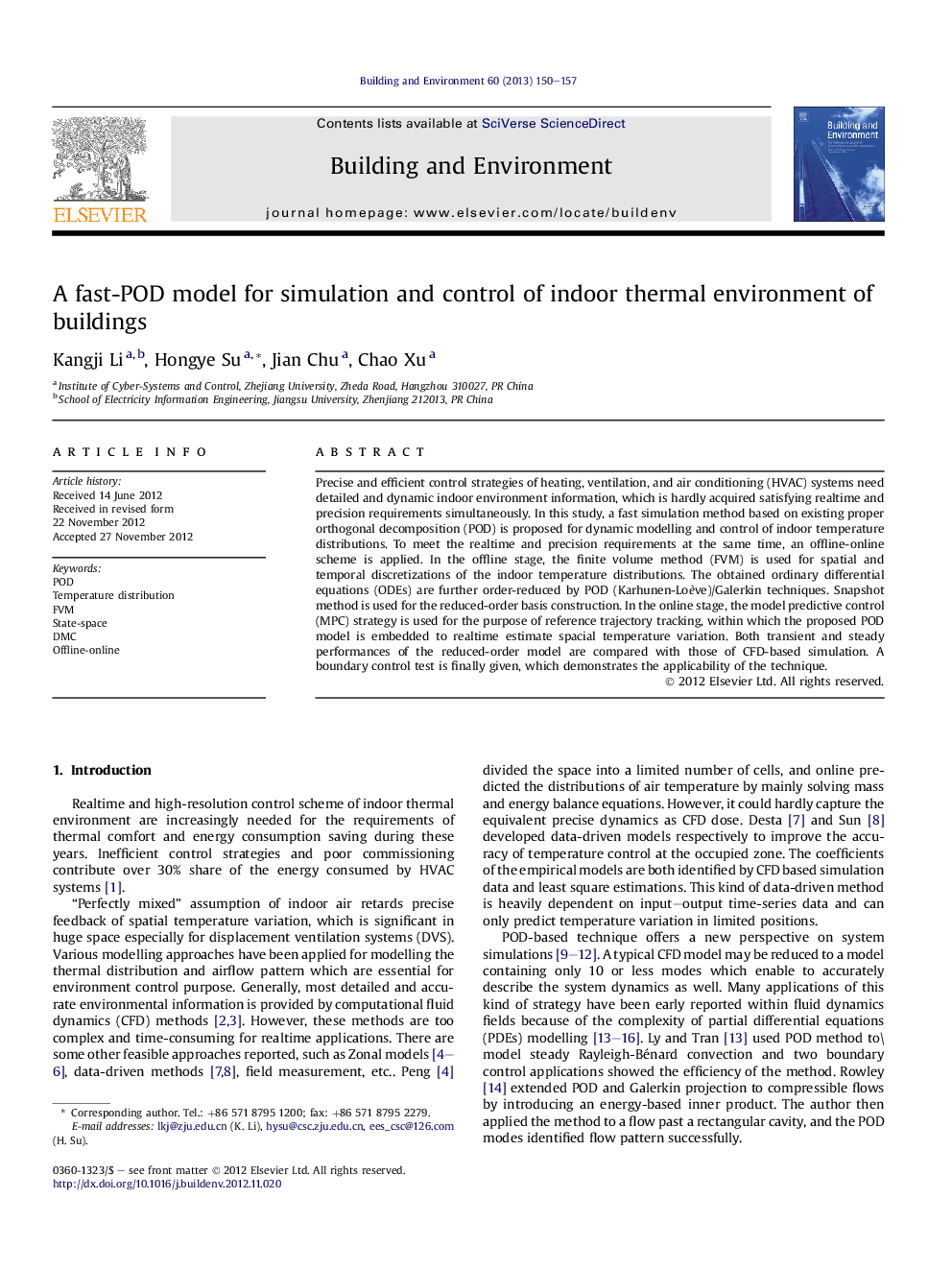 A fast-POD model for simulation and control of indoor thermal environment of buildings