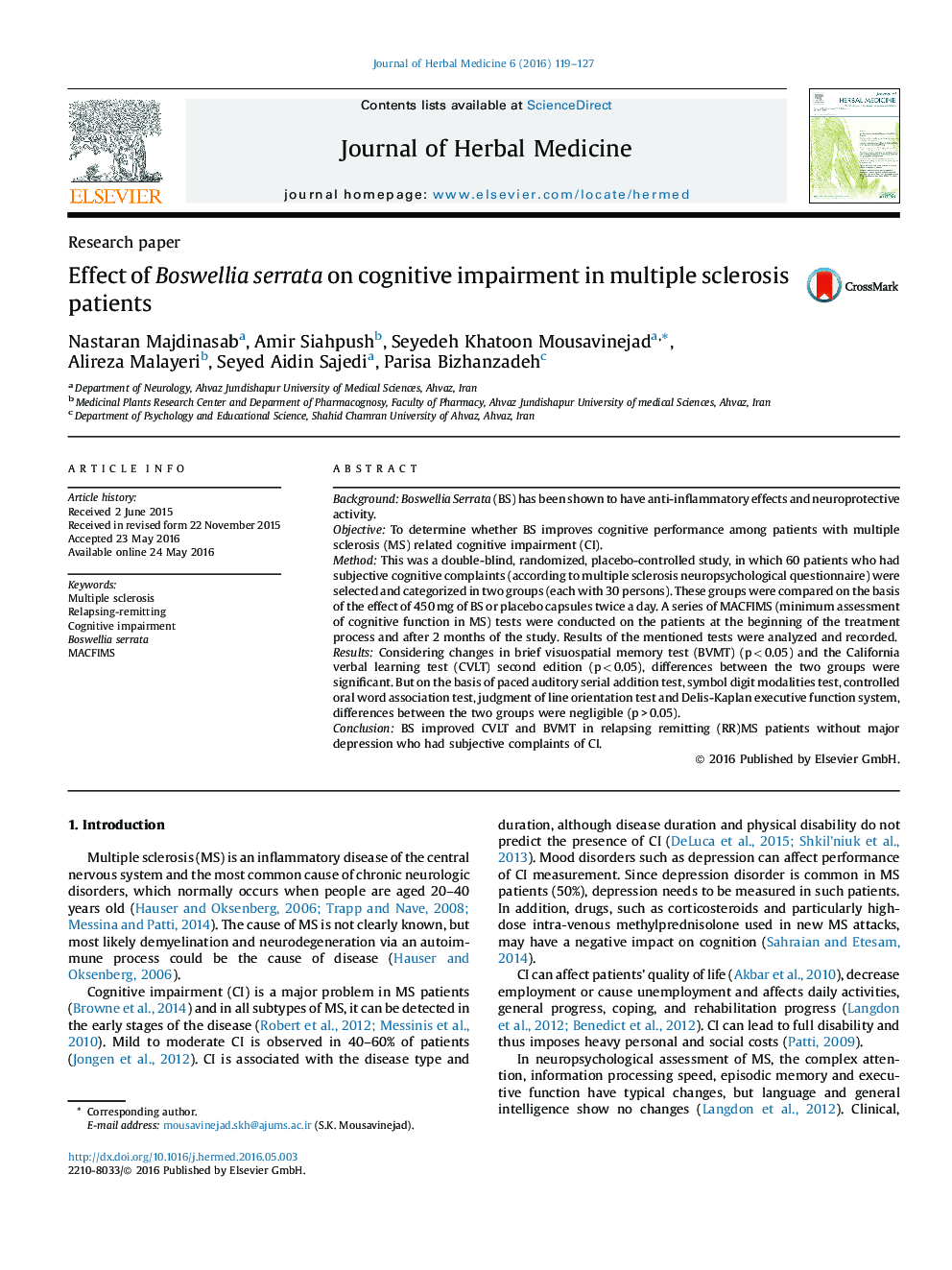 Effect of Boswellia serrata on cognitive impairment in multiple sclerosis patients