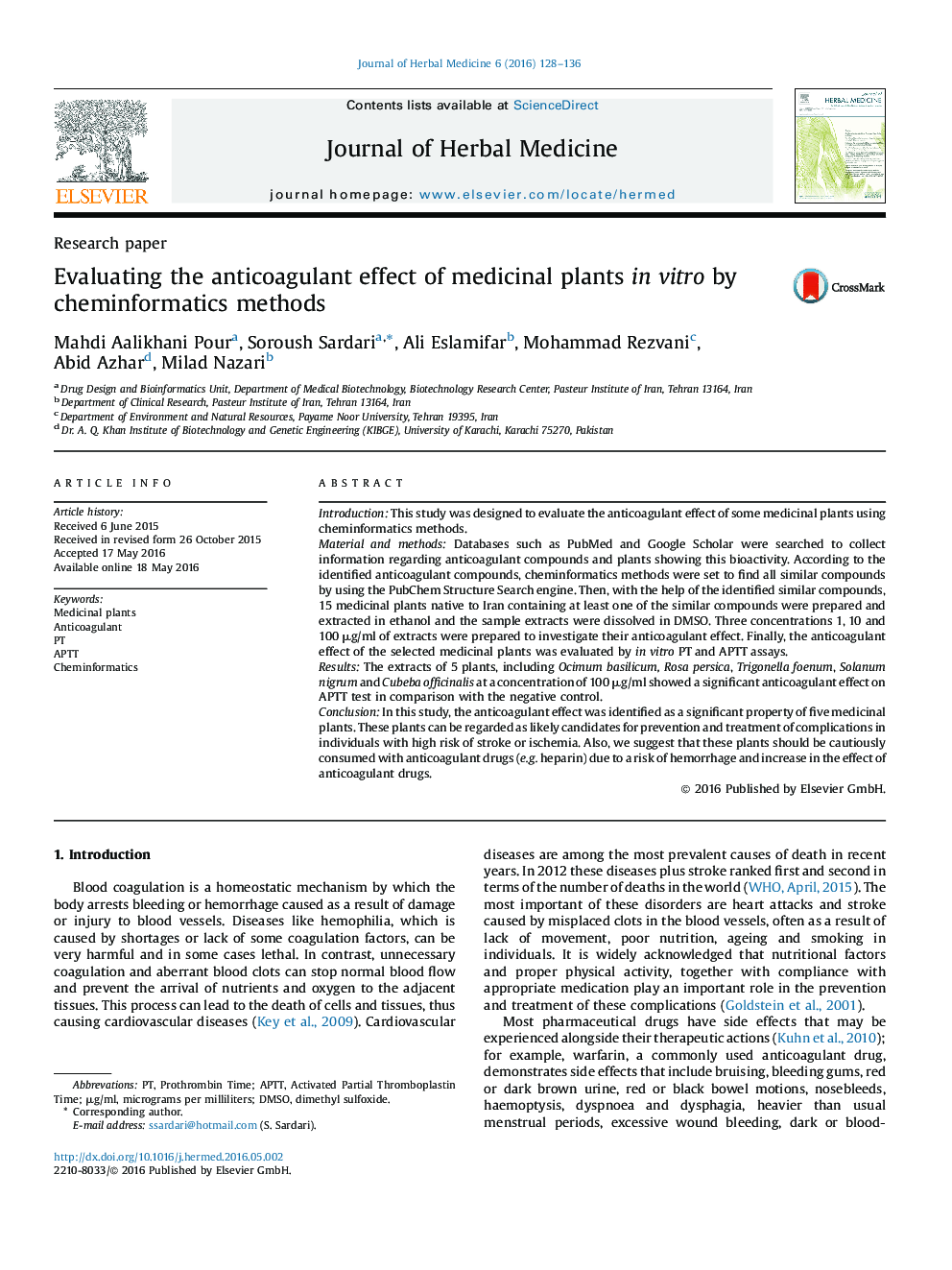 Evaluating the anticoagulant effect of medicinal plants in vitro by cheminformatics methods