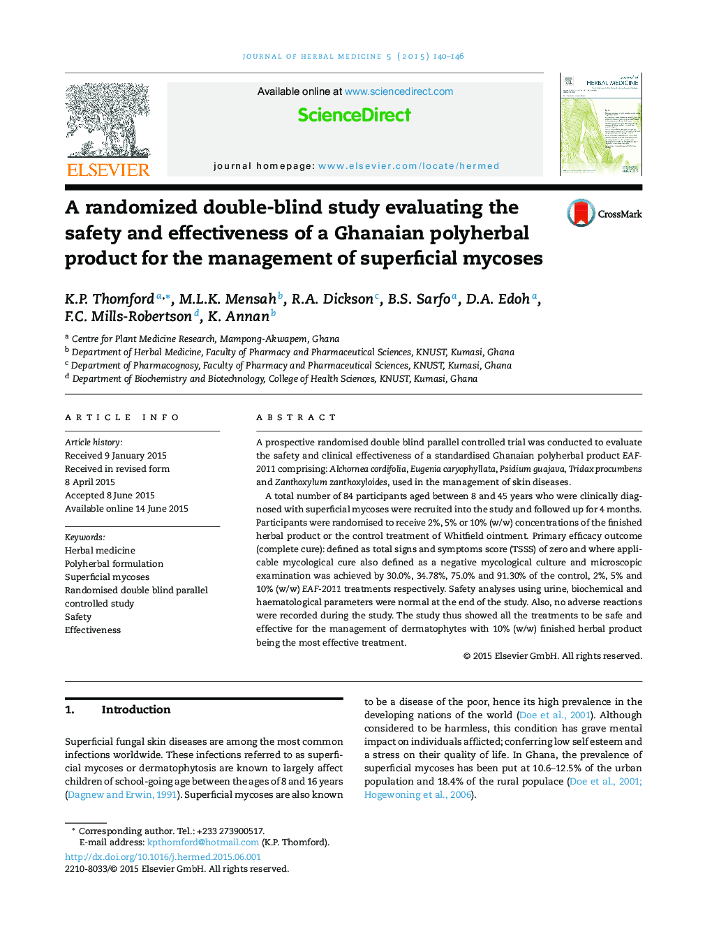 A randomized double-blind study evaluating the safety and effectiveness of a Ghanaian polyherbal product for the management of superficial mycoses