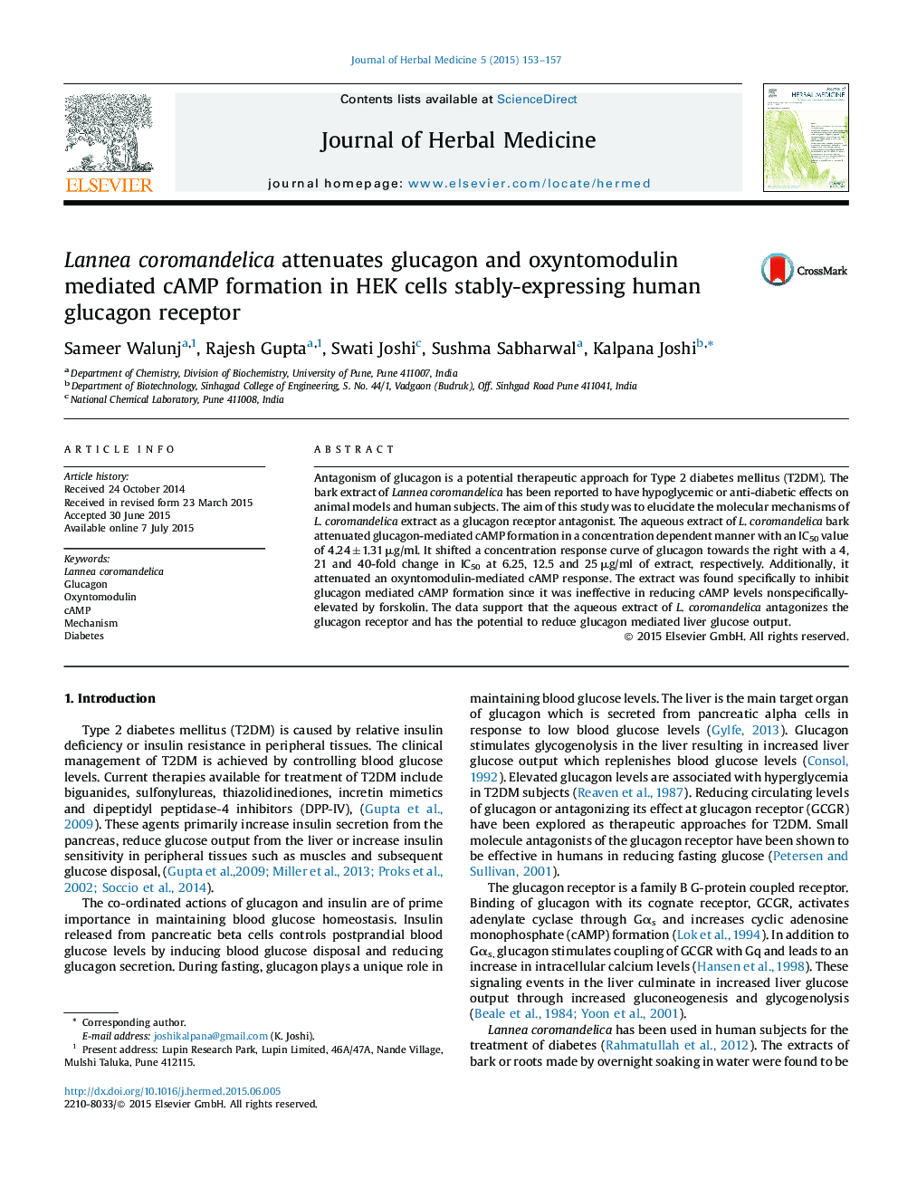 Lannea coromandelica attenuates glucagon and oxyntomodulin mediated cAMP formation in HEK cells stably-expressing human glucagon receptor