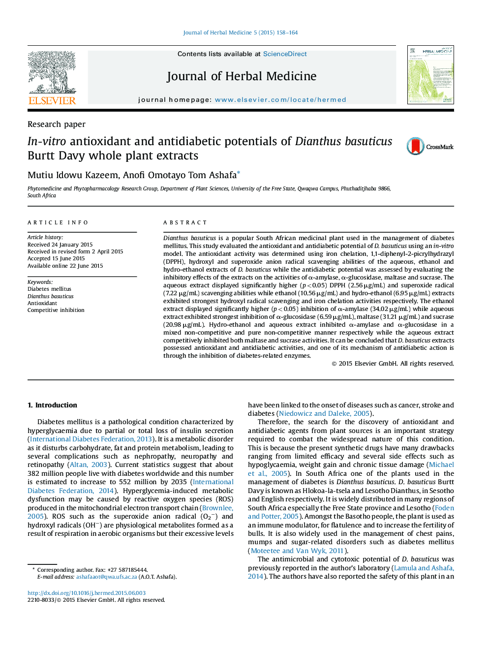 In-vitro antioxidant and antidiabetic potentials of Dianthus basuticus Burtt Davy whole plant extracts