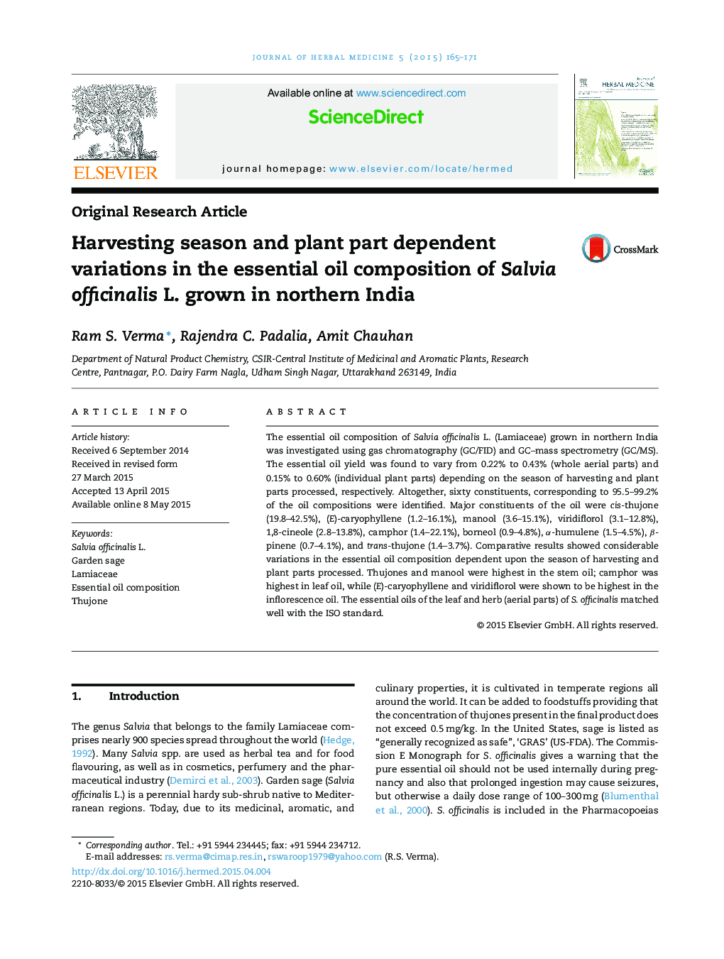 Harvesting season and plant part dependent variations in the essential oil composition of Salvia officinalis L. grown in northern India