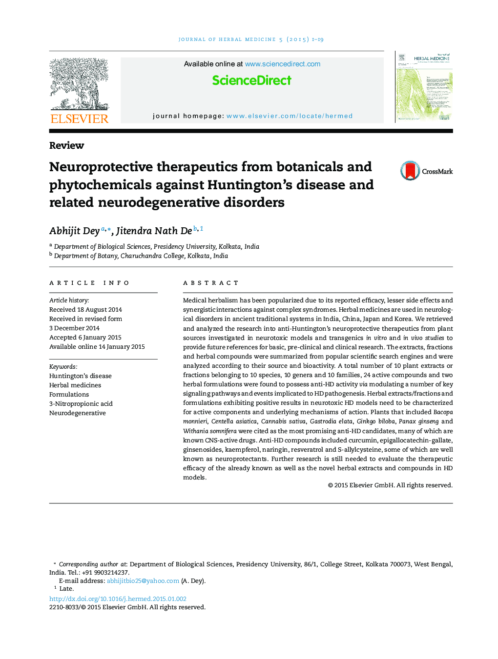 Neuroprotective therapeutics from botanicals and phytochemicals against Huntington's disease and related neurodegenerative disorders