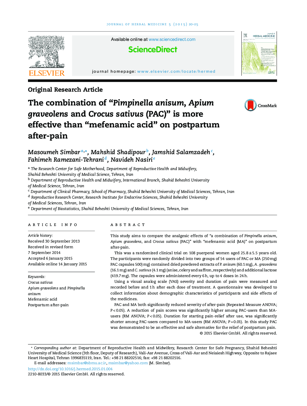 The combination of “Pimpinella anisum, Apium graveolens and Crocus sativus (PAC)” is more effective than “mefenamic acid” on postpartum after-pain