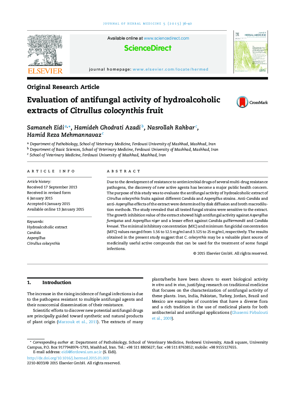 Evaluation of antifungal activity of hydroalcoholic extracts of Citrullus colocynthis fruit