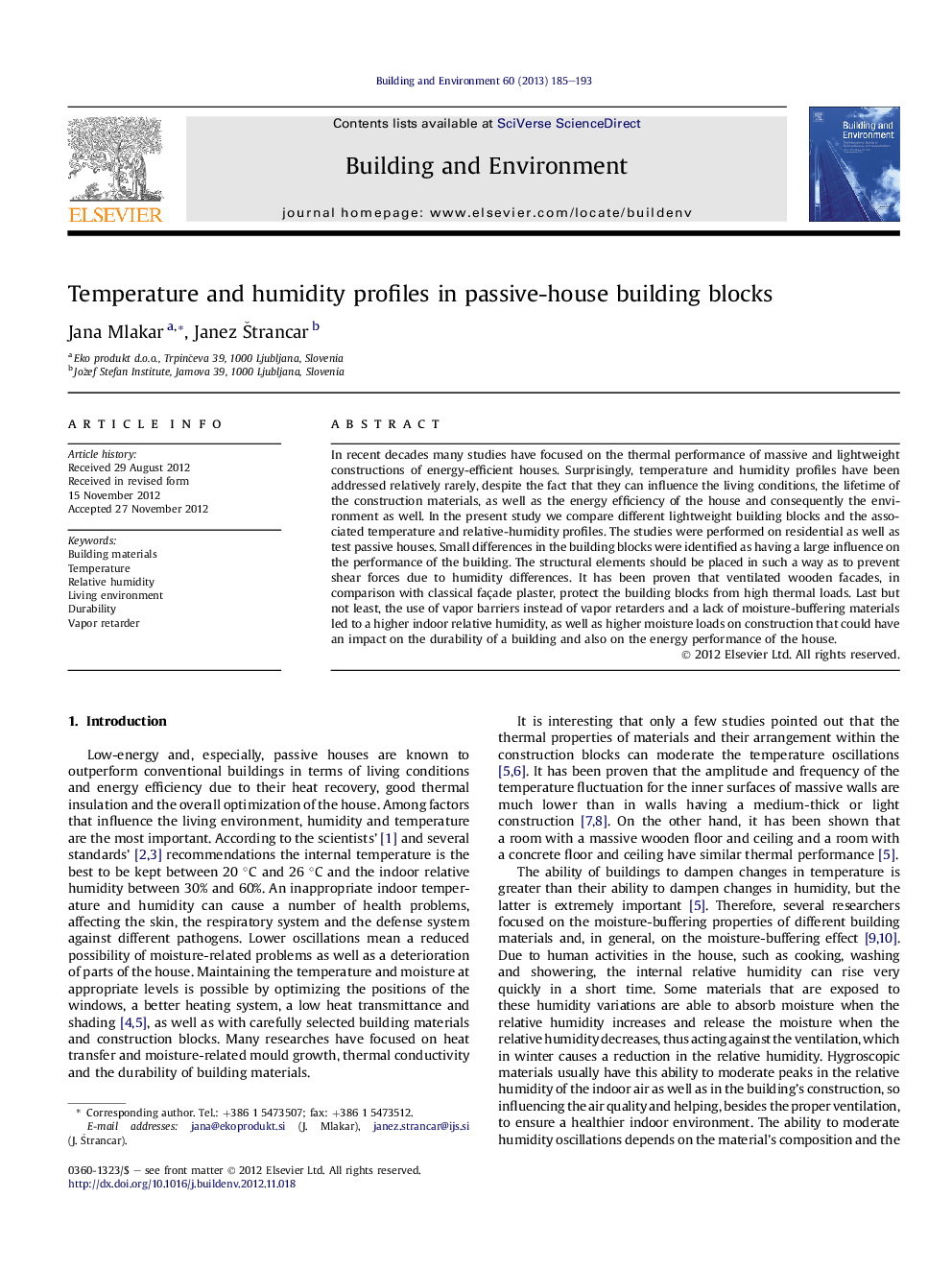 Temperature and humidity profiles in passive-house building blocks