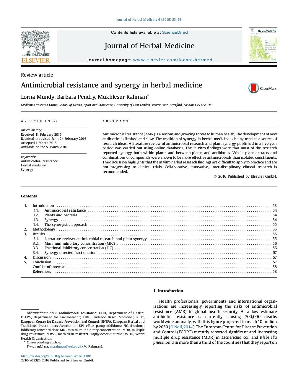 Antimicrobial resistance and synergy in herbal medicine