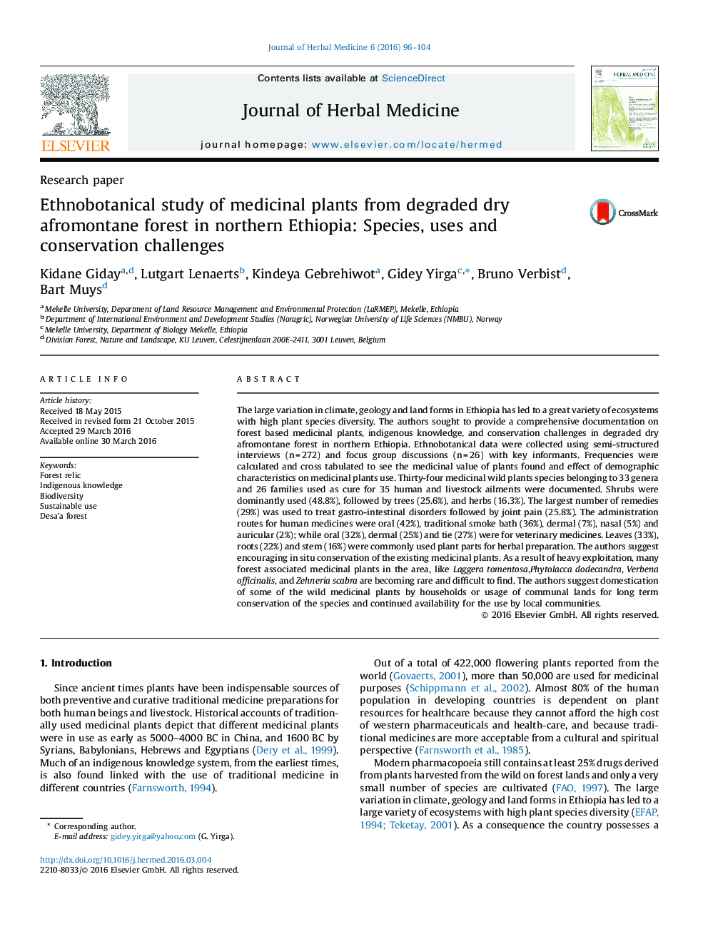 Ethnobotanical study of medicinal plants from degraded dry afromontane forest in northern Ethiopia: Species, uses and conservation challenges