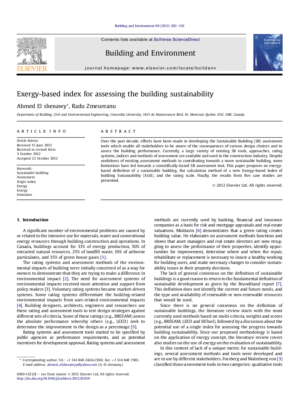 Exergy-based index for assessing the building sustainability