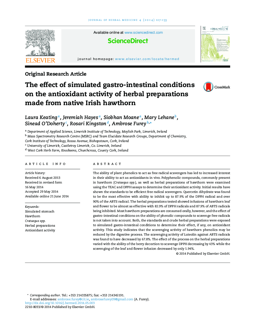 The effect of simulated gastro-intestinal conditions on the antioxidant activity of herbal preparations made from native Irish hawthorn